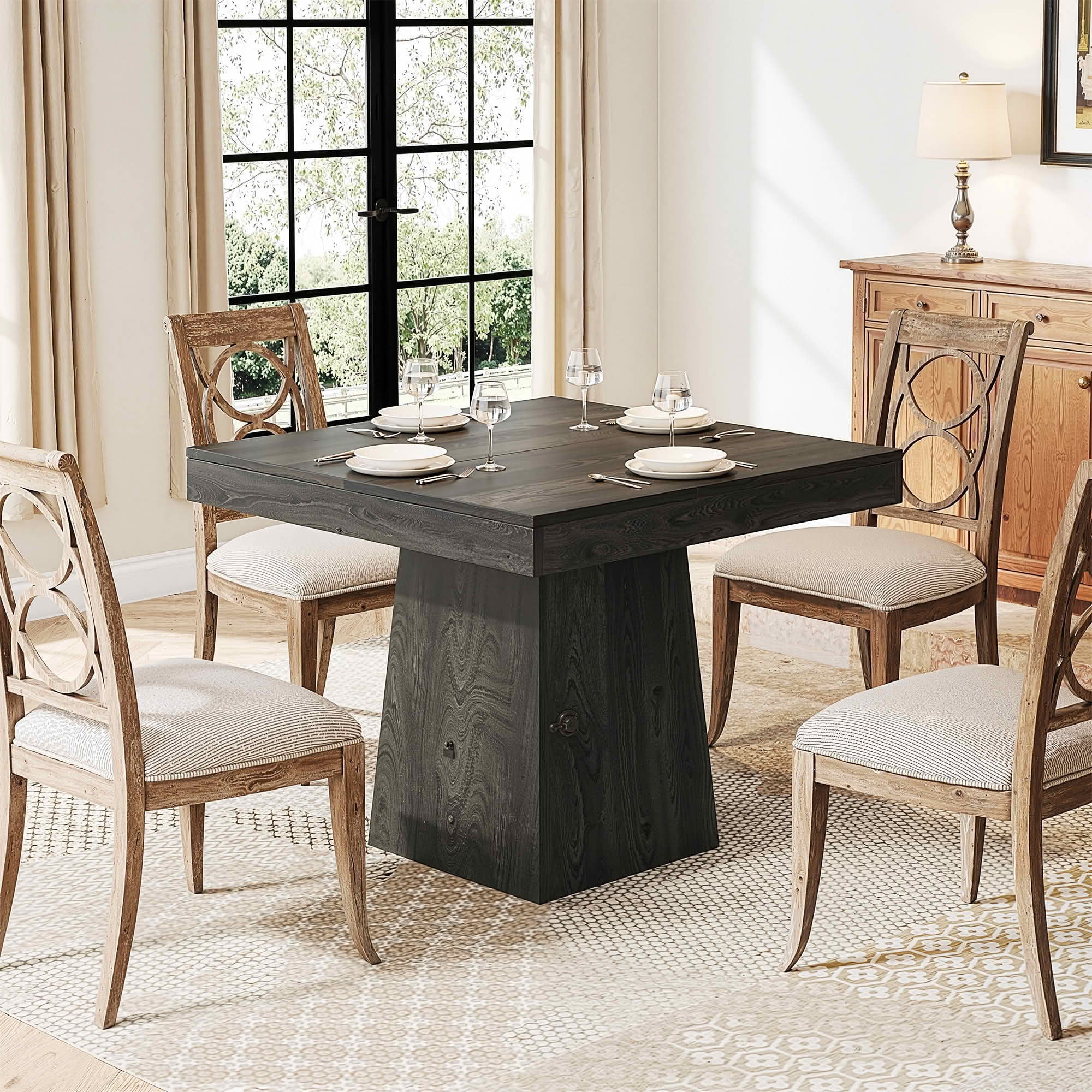 MAYEERTY 31.5 Inch Gray Farmhouse Square Dining Table, Thick Top Pedestal Table Seats 4 for Small Spaces
