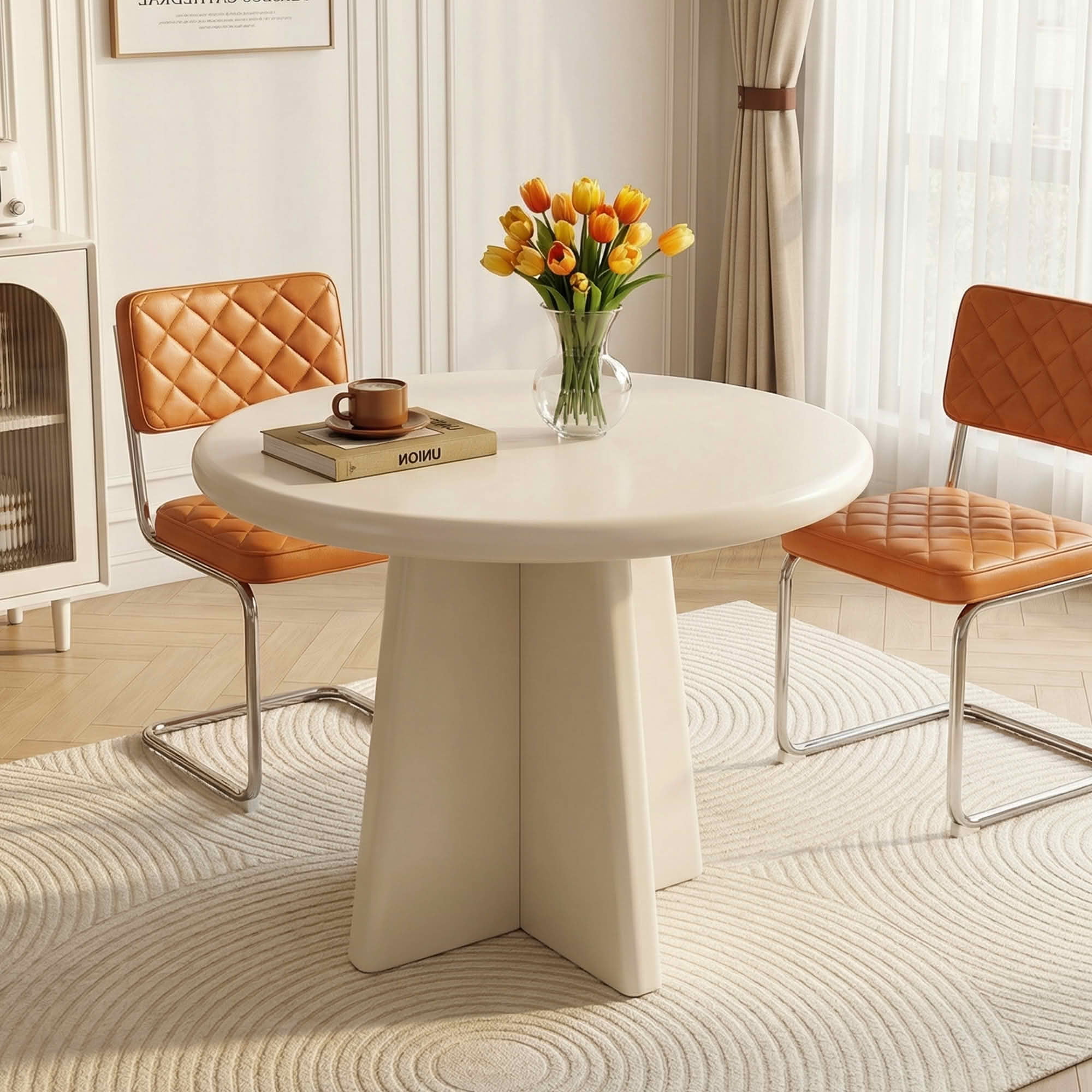 MAYEERTY 31.5 Inch Round Dining Table, White Minimalist Kitchen Dinner Table with Intersecting Cross Base for 2 to 4 People
