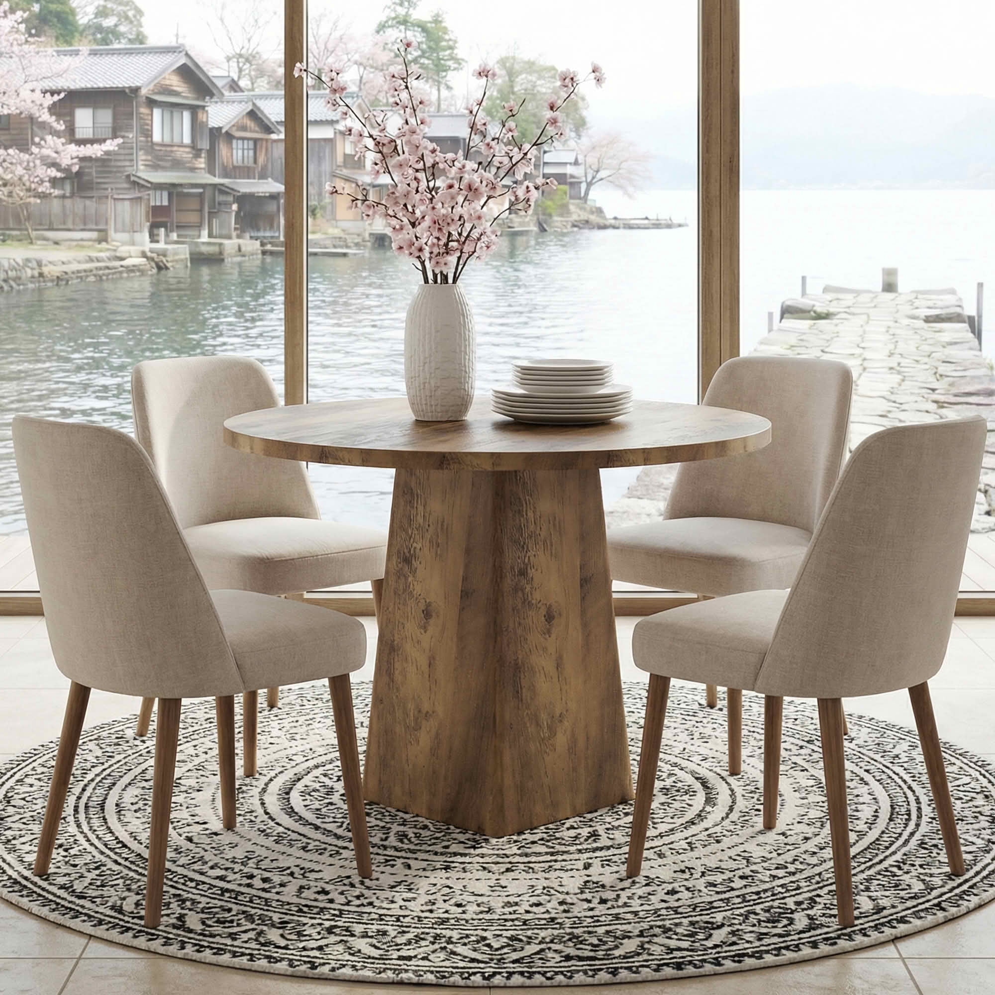 MAYEERTY 31.5 Inch Round Farmhouse Dining Table, Kitchen Dinner Table with Square Base for 2 to 4 People