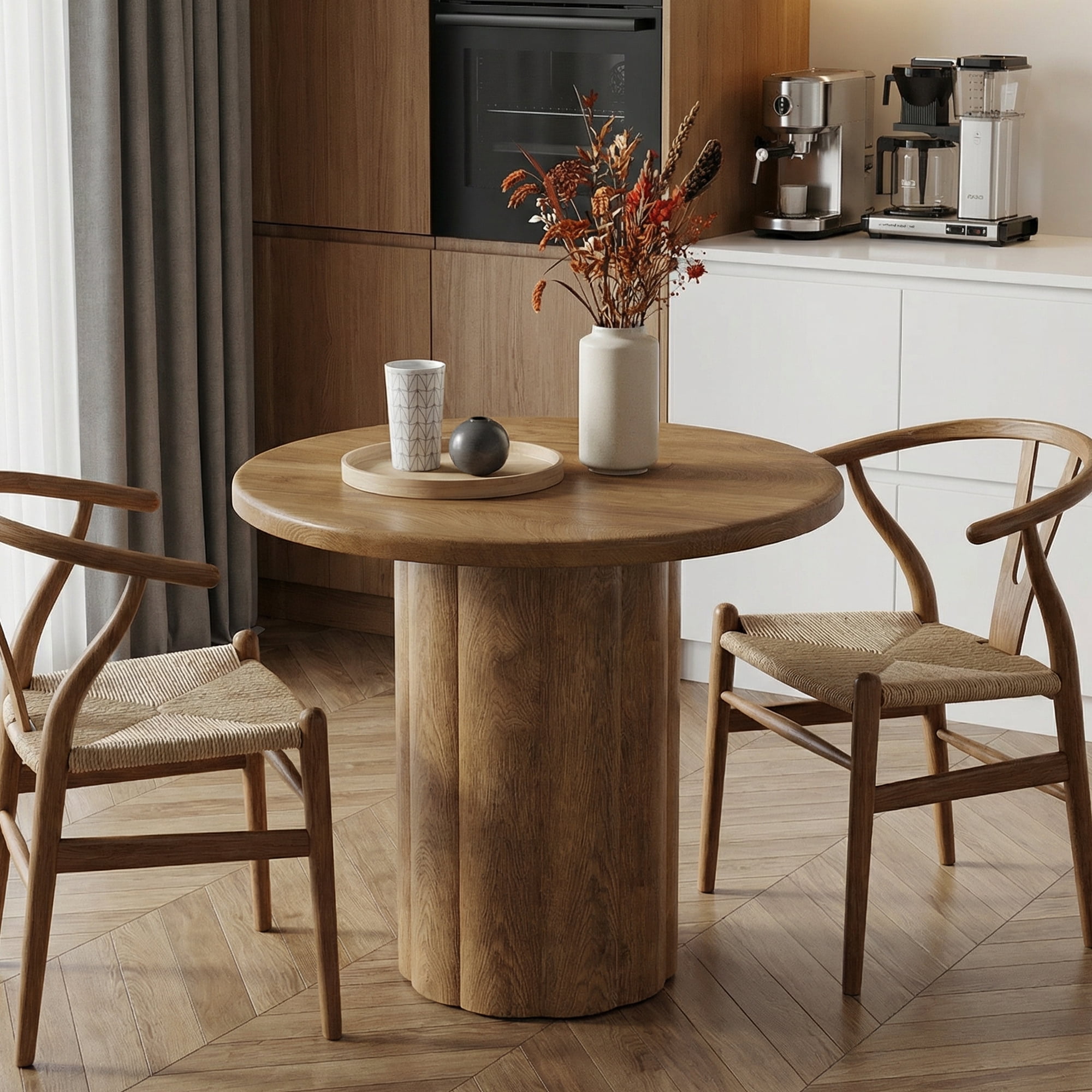 MAYEERTY 31.5 Inch Small Round Dining Table, Farmhouse Kitchen Dinner Table with Curved Wooden Latticed Base for 2 to 4 People