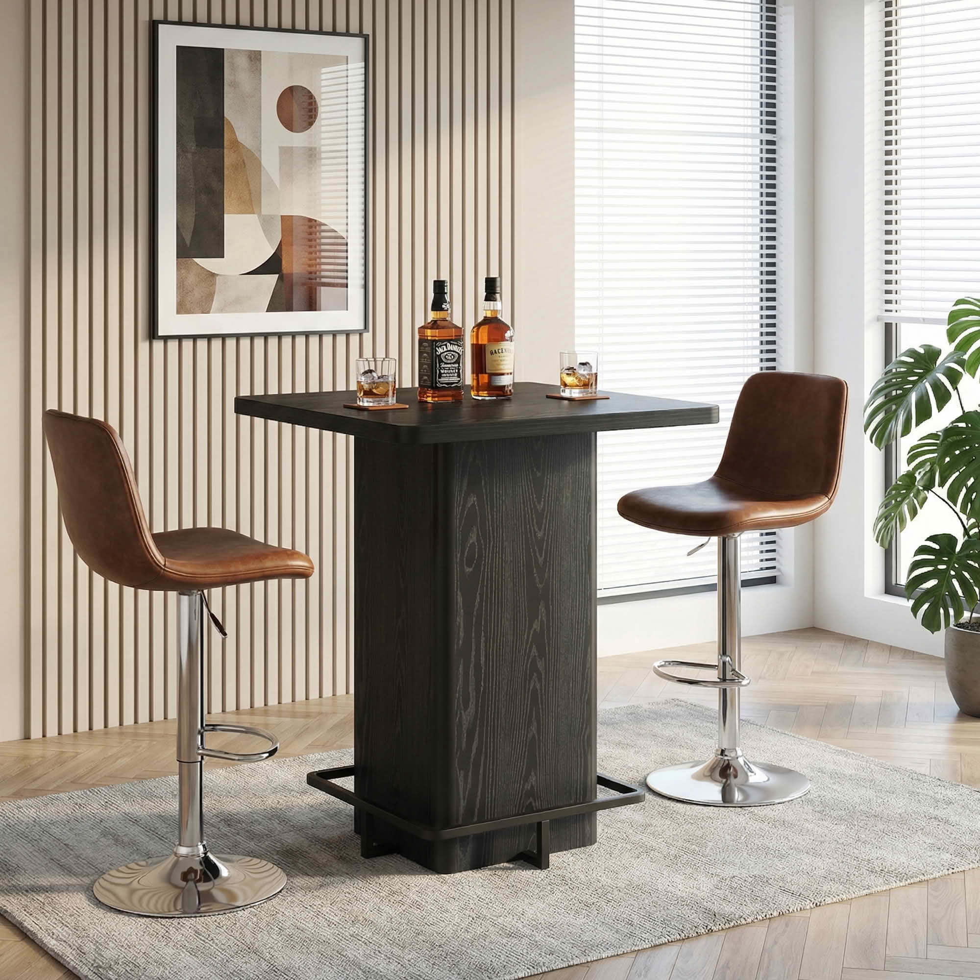 MAYEERTY 31.5" Minimalist Square Bar Table, Dark Wood-Grain MDF Top with Sturdy Pedestal & Metal Footrest, Compact 2-4 Person Home Pub Table