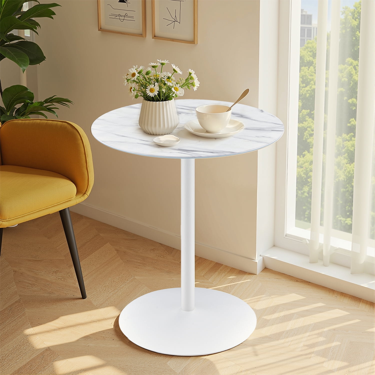 MAYEERTY 17.5" Small Round Side Tulip Table, Marble Textured Glass Top & Steel Foundation, Seats 2, White