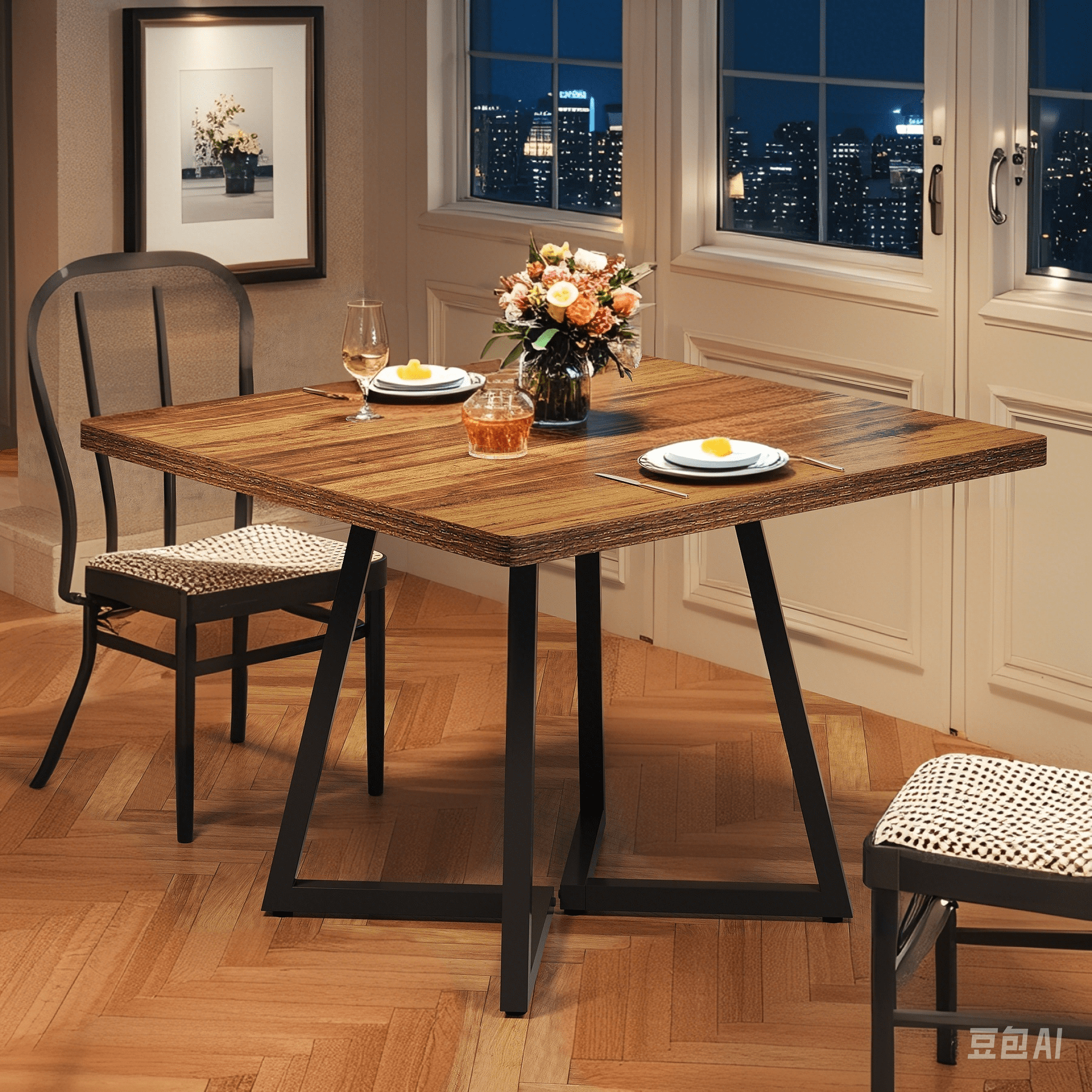 MAYEERTY 31.5" Square Dining Table for 4, Vintage Brown MDF Top Black Industrial Metal Legs