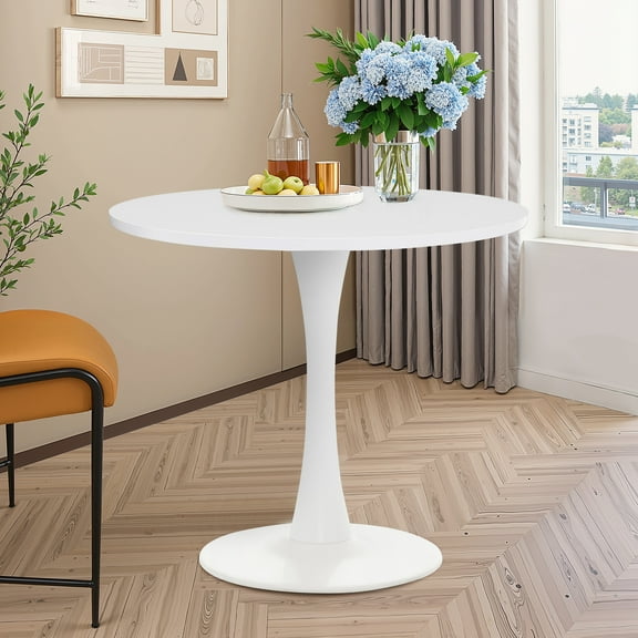 MAYEERTY 31.5" White Small Round Dining Tulip Table, Wood Top, Metal Base, Functional for 2-4 Gatherings