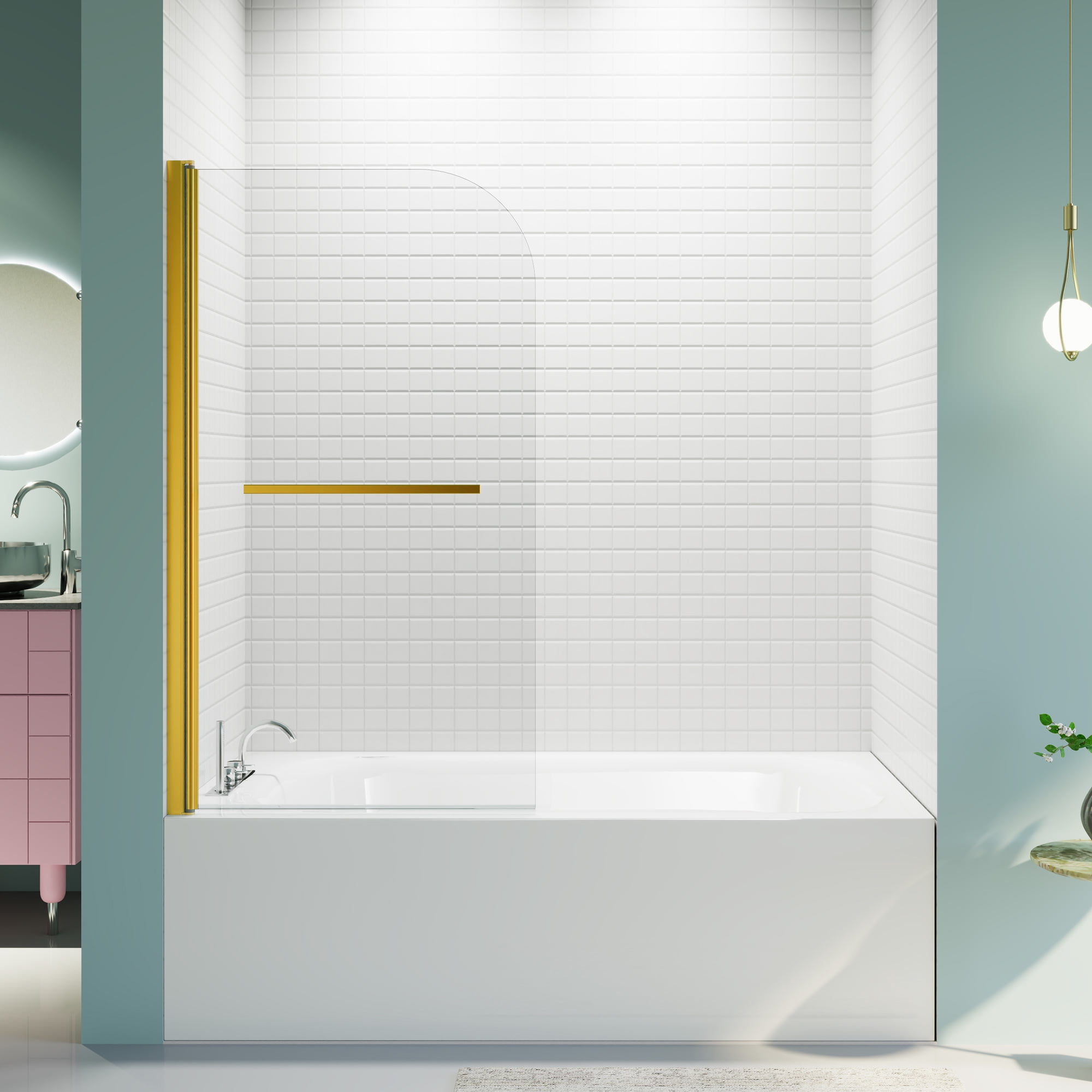 MAYEERTY 31*55" Frameless Pivot Shower Door for Bathtub, Tempered Glass, Brushed Gold, Space-Saving, Easy Install