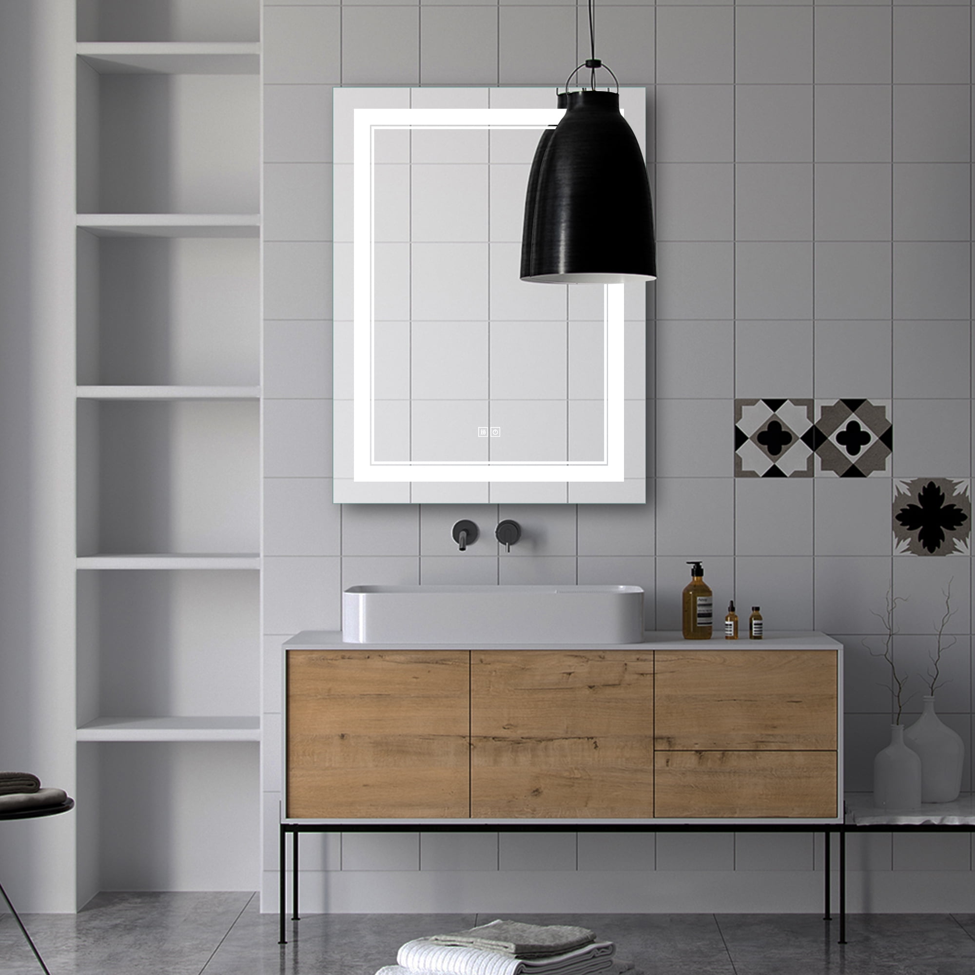 MAYEERTY 32"×24" LED Aluminum Rectangular Bathroom Mirror Double-Line Light, Stepless Three-Color for Bathroom