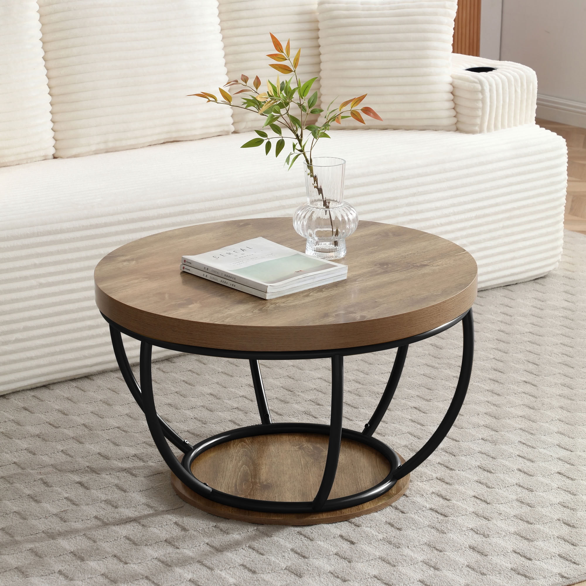 MAYEERTY 31 Inch Round Coffee Table, 2-Tier Cocktail Table with Metal Frame, Dual Storage Shelves for Living Room Apartment Home Office