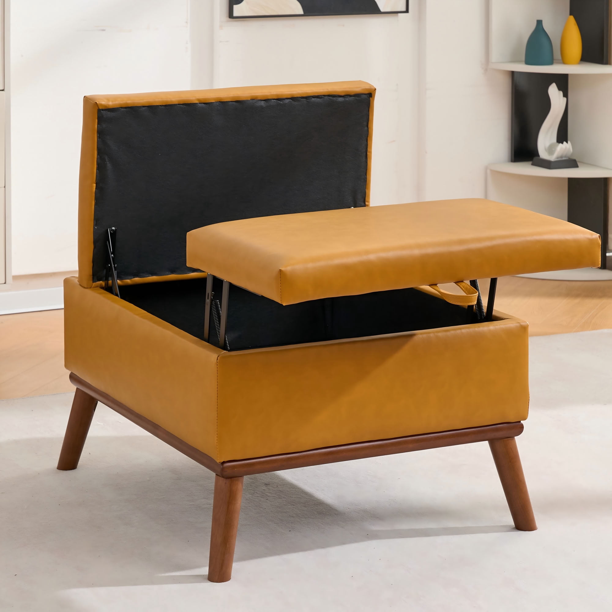 MAYEERTY 31 Inch Split Flip Top Storage Ottoman, Multi-Functional PU Leather Footrest for Living Room Office