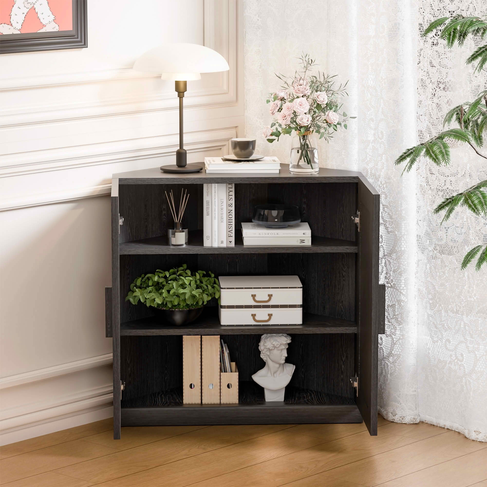 MAYEERTY 31x31x16 Inch Black 2-Door Corner Storage Cabinet with Solid Wood Door