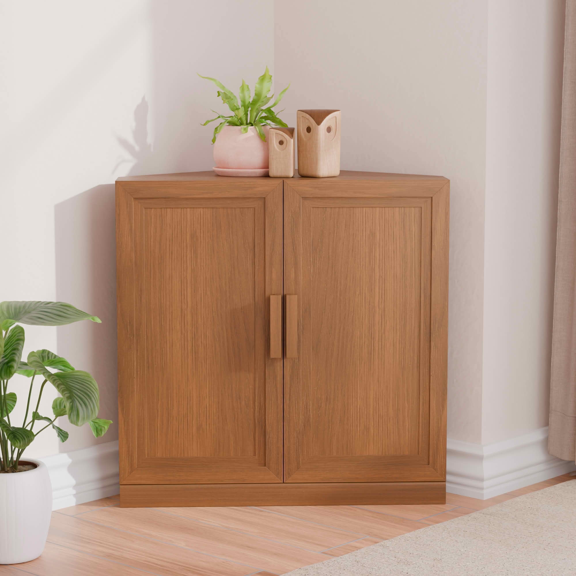 MAYEERTY 31x31x16 Inch Light Walnut 2-Door Corner Storage Cabinet with Solid Wood Door