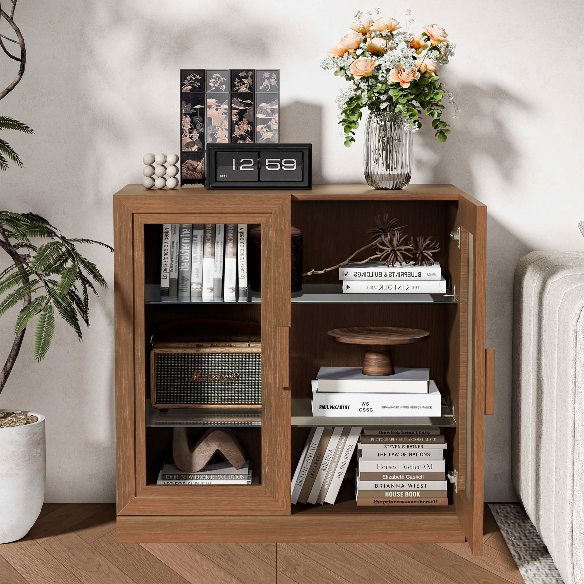 MAYEERTY 31x31x16 Inch Light Walnut Wood Grain Storage Cabinet with Glass Door for Living Room