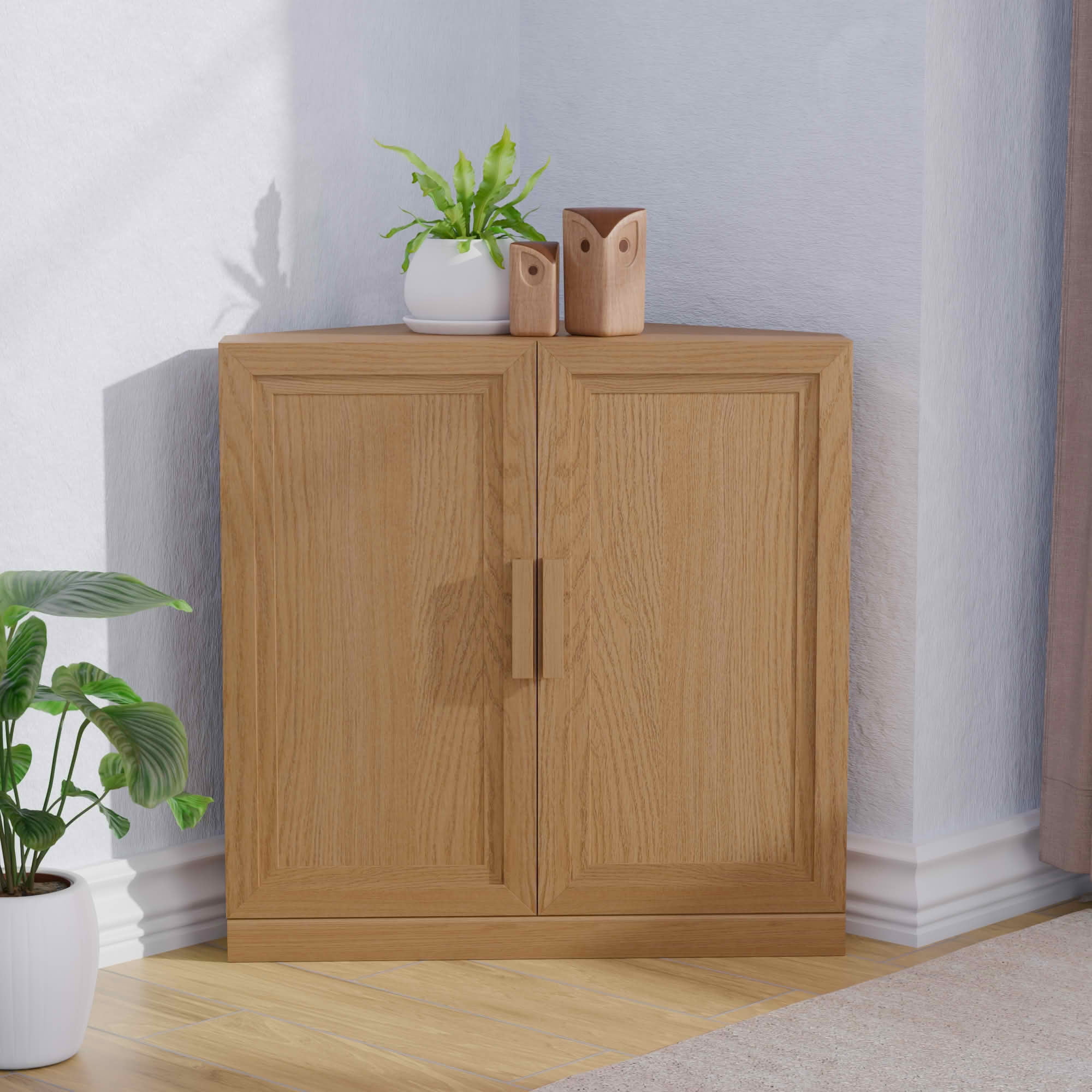 MAYEERTY 31x31x16 Inch Natural Wood Grain 2-Door Corner Storage Cabinet with Solid Wood Door