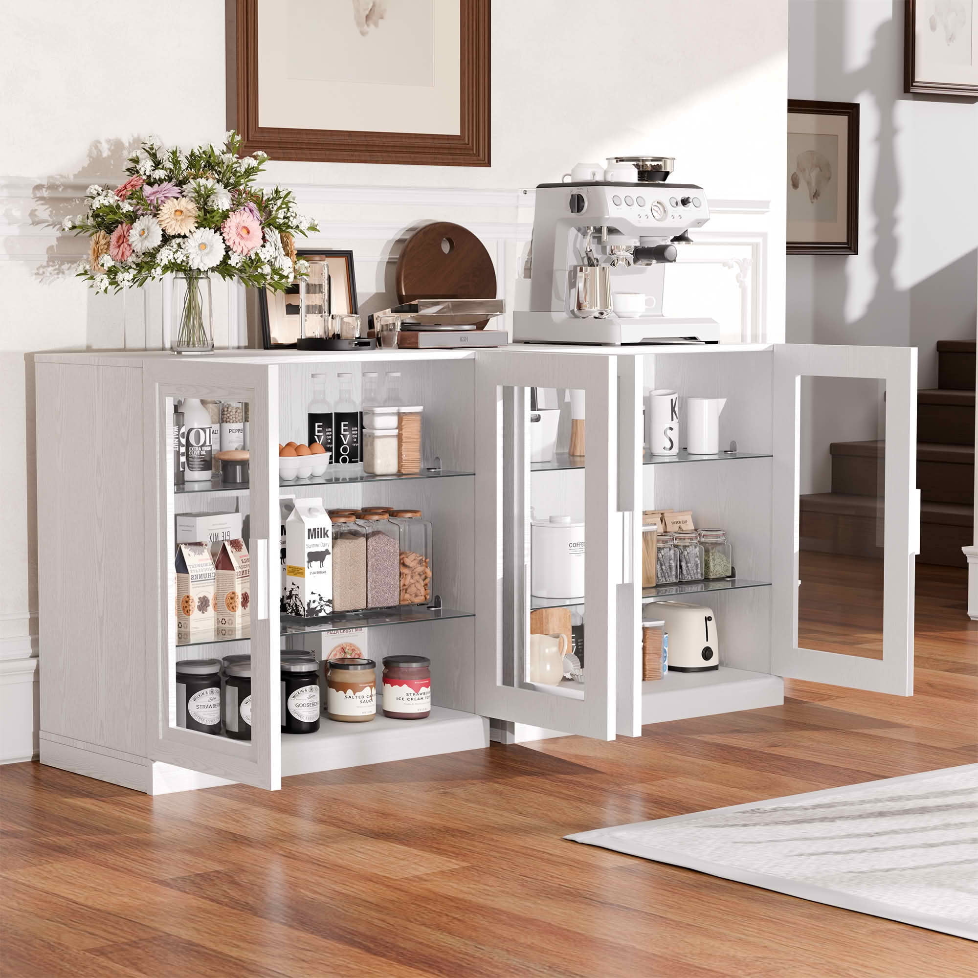 MAYEERTY 31x31x16 Inch White Wood Grain Storage Cabinet with Glass Door for Living Room