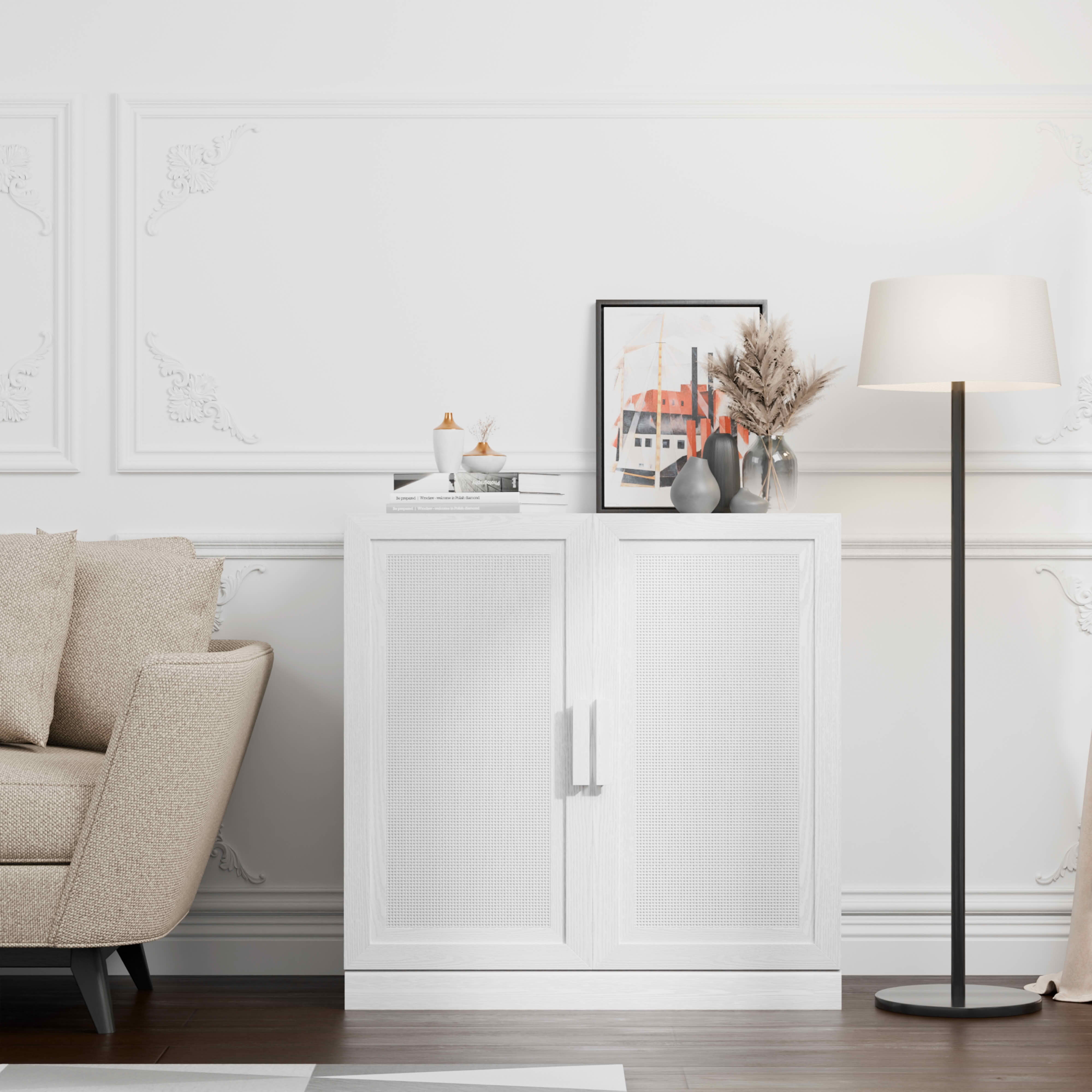 MAYEERTY 31x31x16 Inch White Wood Grain Storage Cabinet with Rattan Door for Living Room