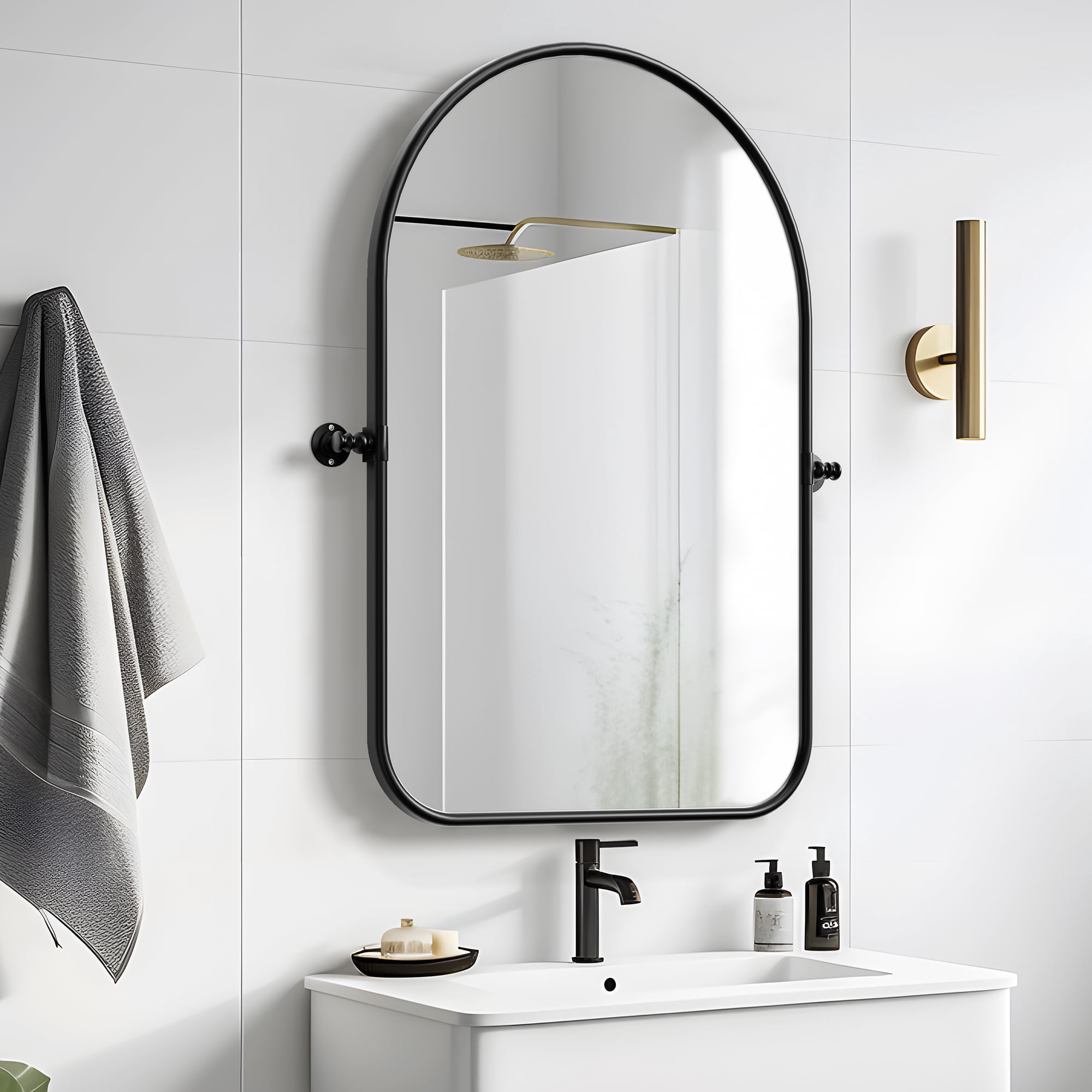 MAYEERTY 32"×23" Black Iron Arched Wall Mirror Rounded Corners, Rotating Hardware for Flexible Placement