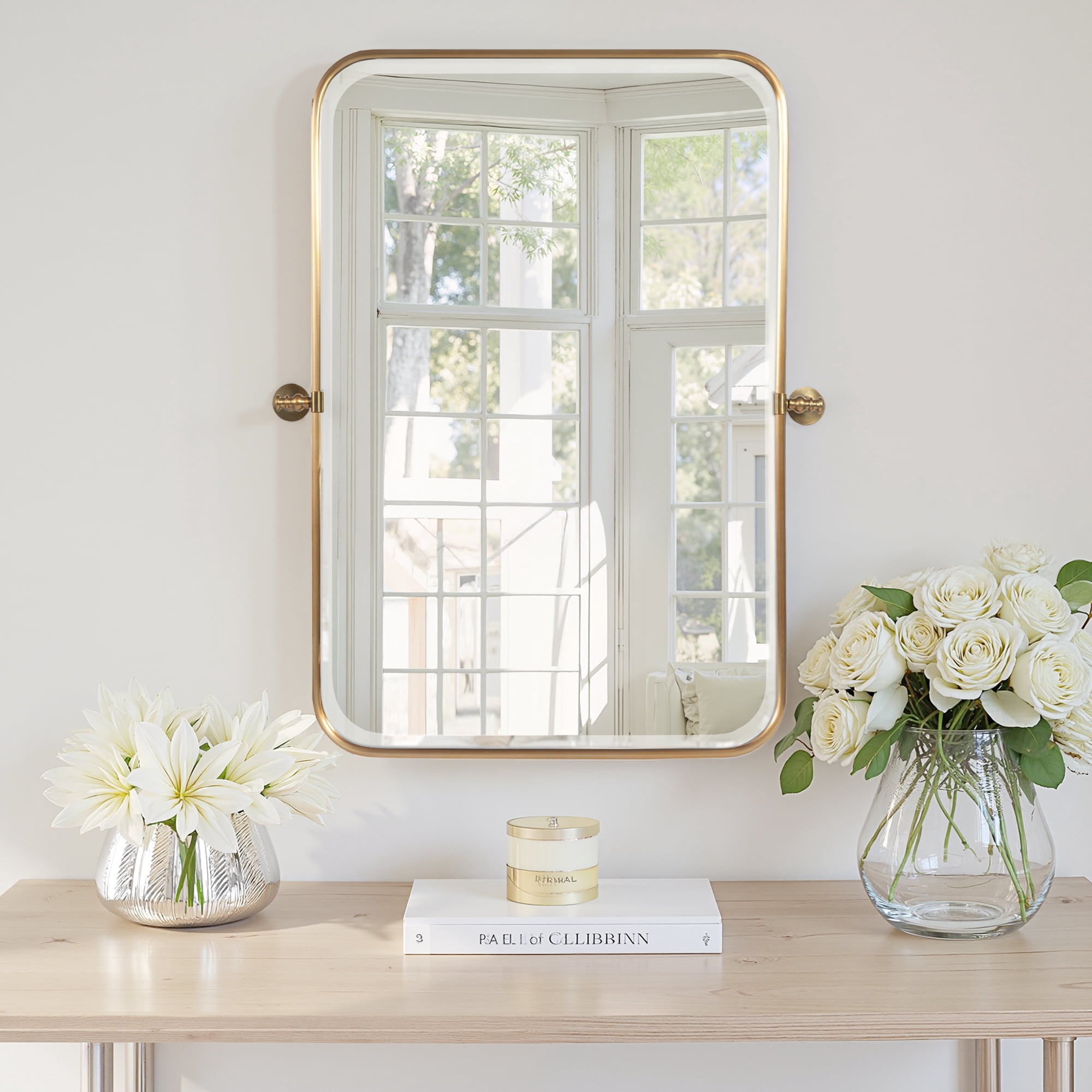 MAYEERTY 32×23in Modern Rectangular Metal Golden Framed Hanging Mirror, Wall-Mounted for Vanity & Sink, Swivel