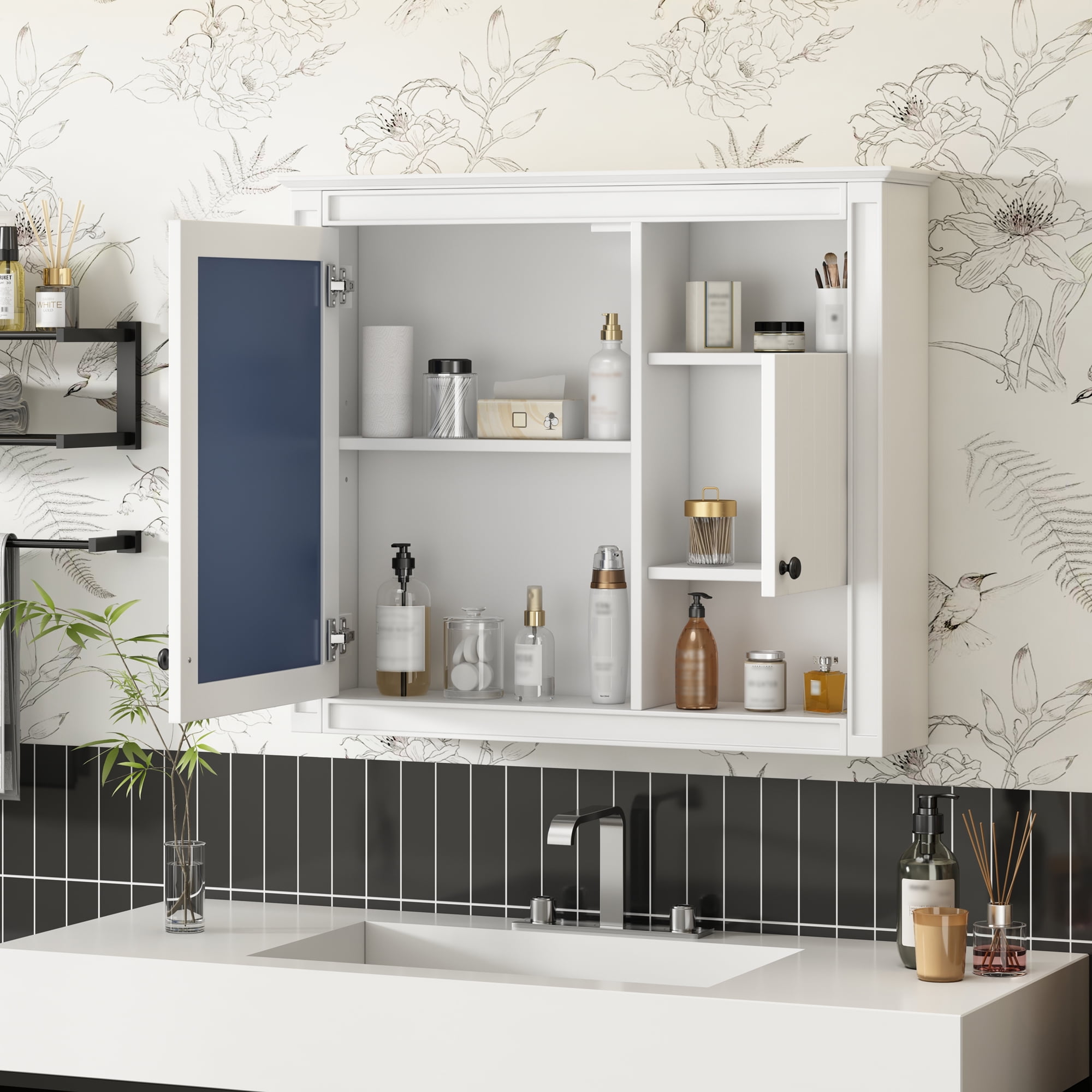 MAYEERTY 32'' White Bathroom Wall Cabinet with Mirror, Wall Mounted Medicine Cabinet – 3 Shelves, Over Toilet Storage