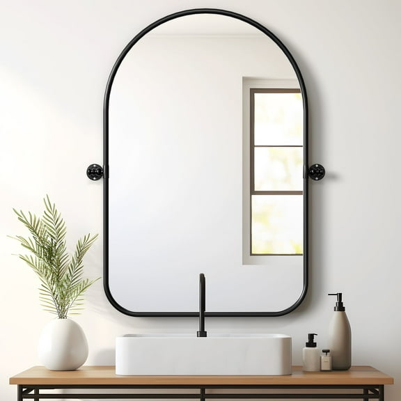 MAYEERTY 32" x 23" Arched Wall Mirror Pivot Mirror for Bathroom Vanity, Metal, Black, Modern