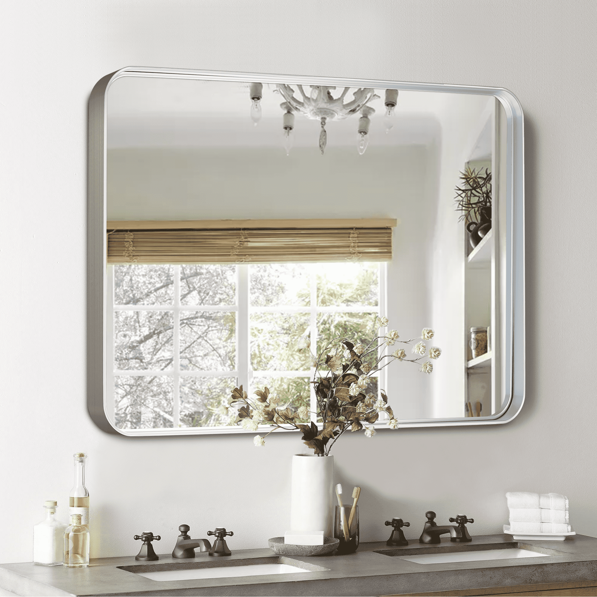 MAYEERTY 32"x22" Aluminum Alloy Rounded Corners Rectangular Imitation Electroplated Hanging Glass Silver