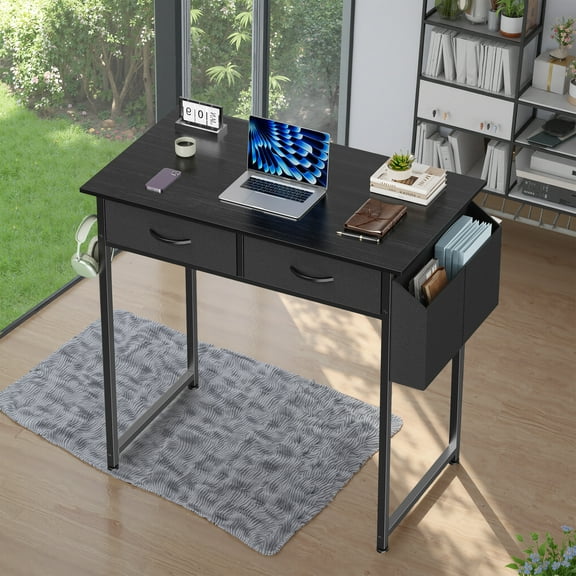 MAYEERTY 32in Adjustable Small Computer Desk, Metal Writing Study Table with Storage and Headphone Hook, Home Office