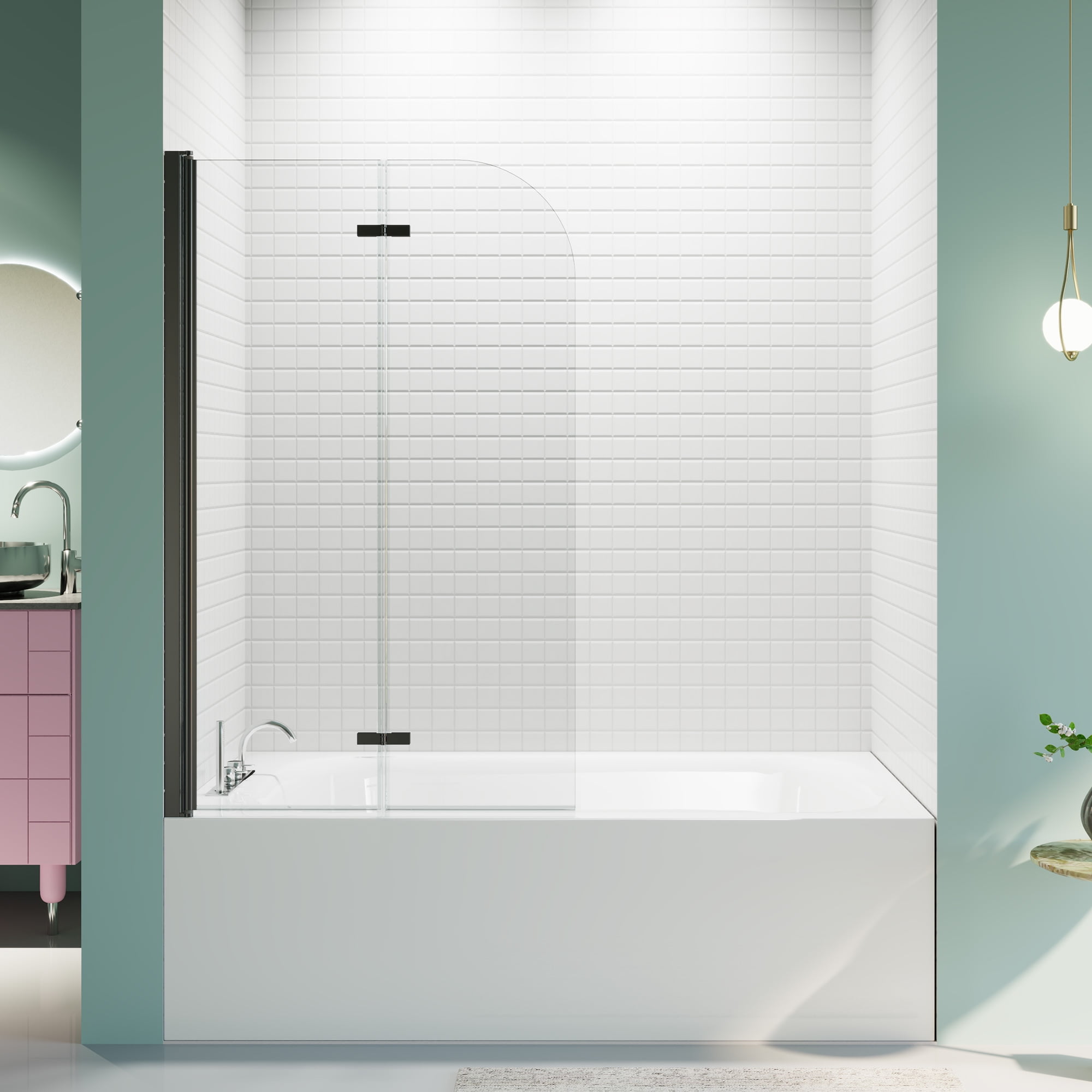MAYEERTY 34*58" Frameless Folding Pivot Bathtub Door, Tempered Glass, Matte Black, Reversible Installation