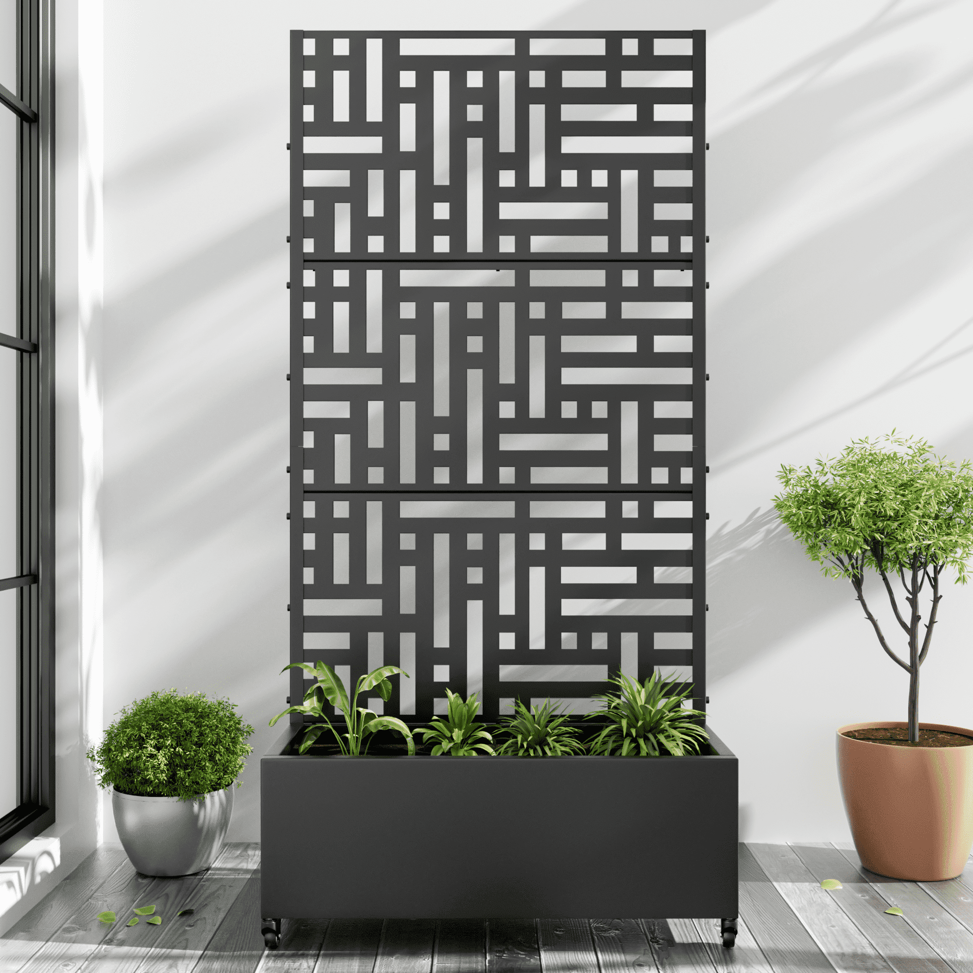 MAYEERTY 35*16*71" Black Metal Planter with Rect Climbing Trellis, Drainage hole & Wheels, Street Pattern