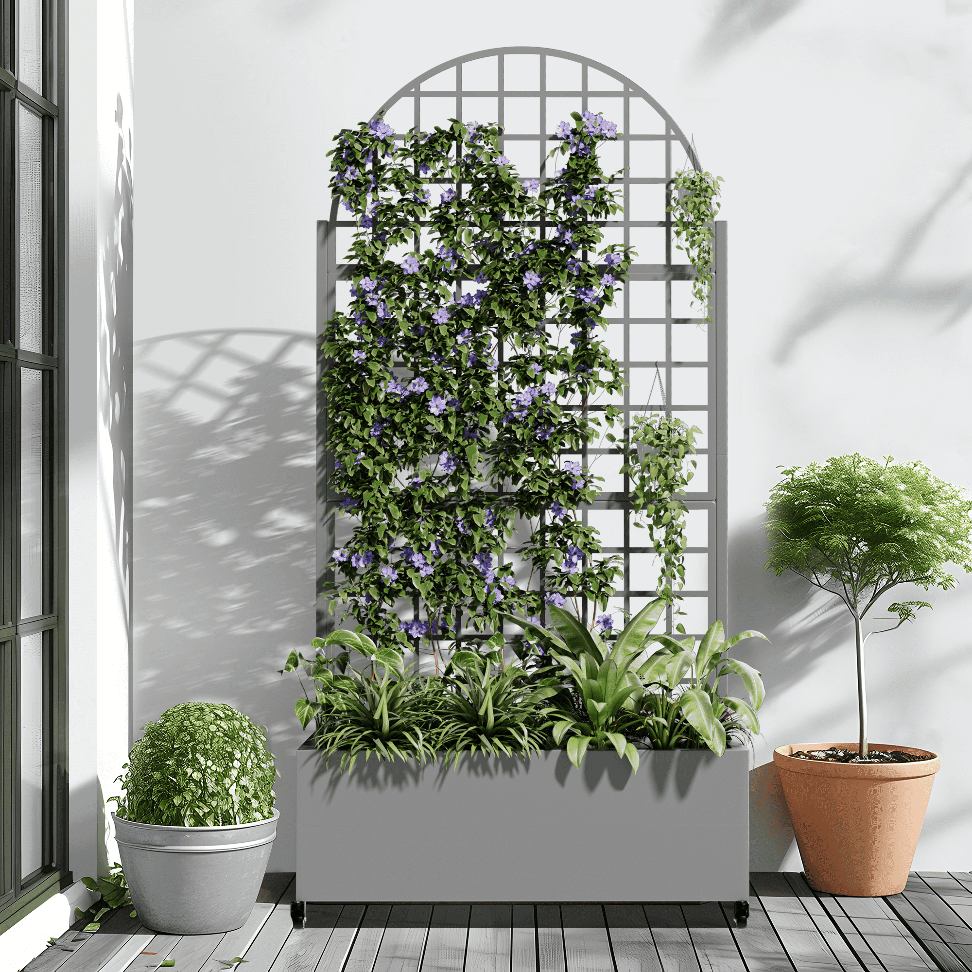 MAYEERTY 35*16*71"Outdoor Gray Metal Planter with Arch Climbing Trellis, Drainage hole & Wheels, Grid Pattern