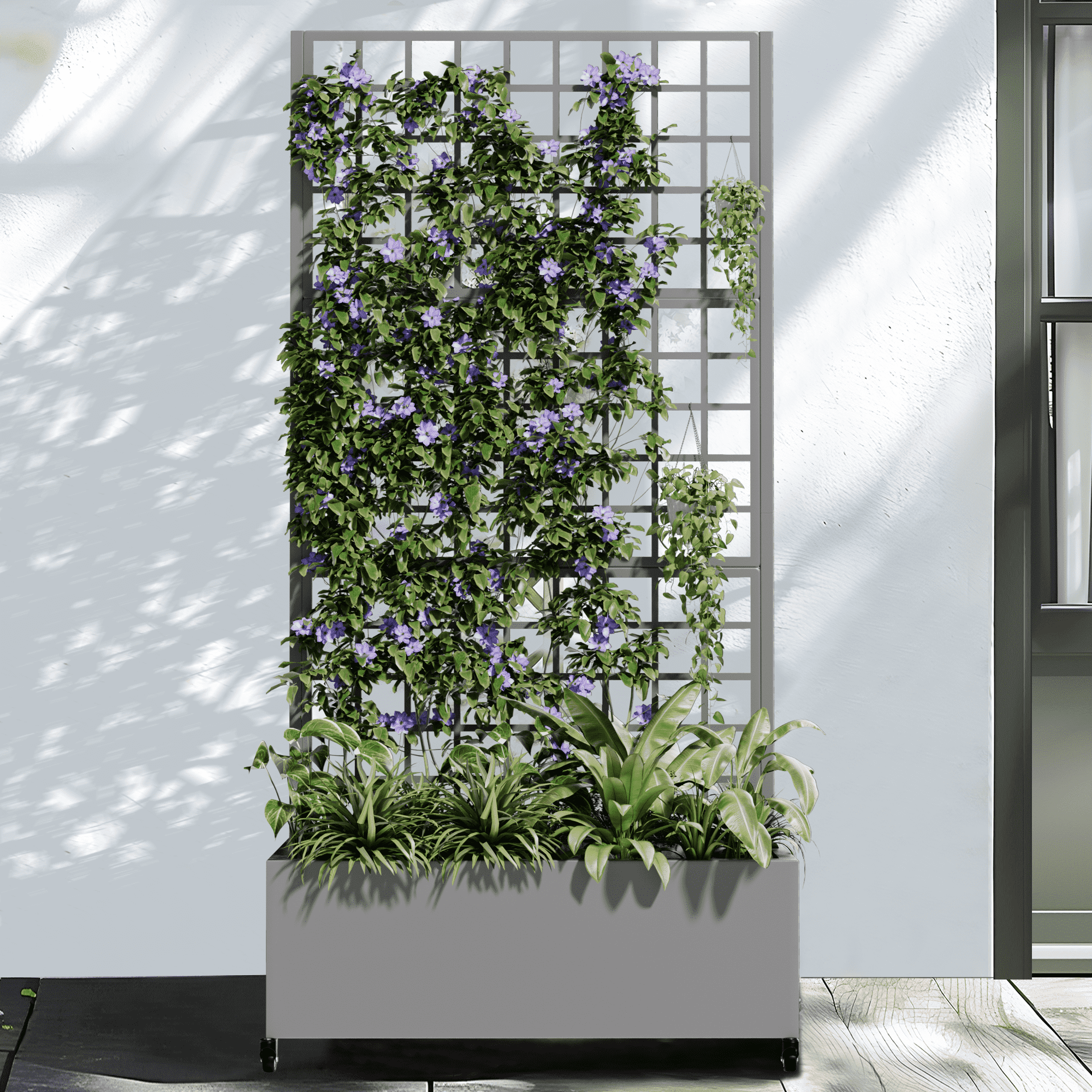 MAYEERTY 35*16*71"Outdoor Gray Metal Planter with Rect Climbing Trellis, Drainage hole & Wheels, Grid Pattern