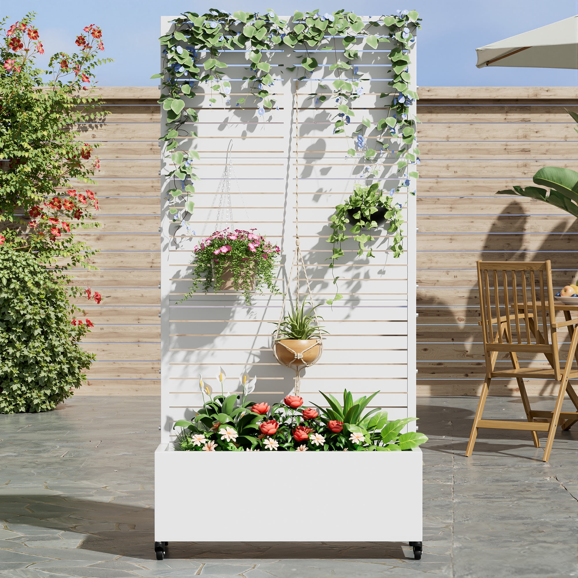 MAYEERTY 35*16*71"Outdoor White Metal Planter with Rect Louvered Climbing Trellis, Drainage hole & Wheels