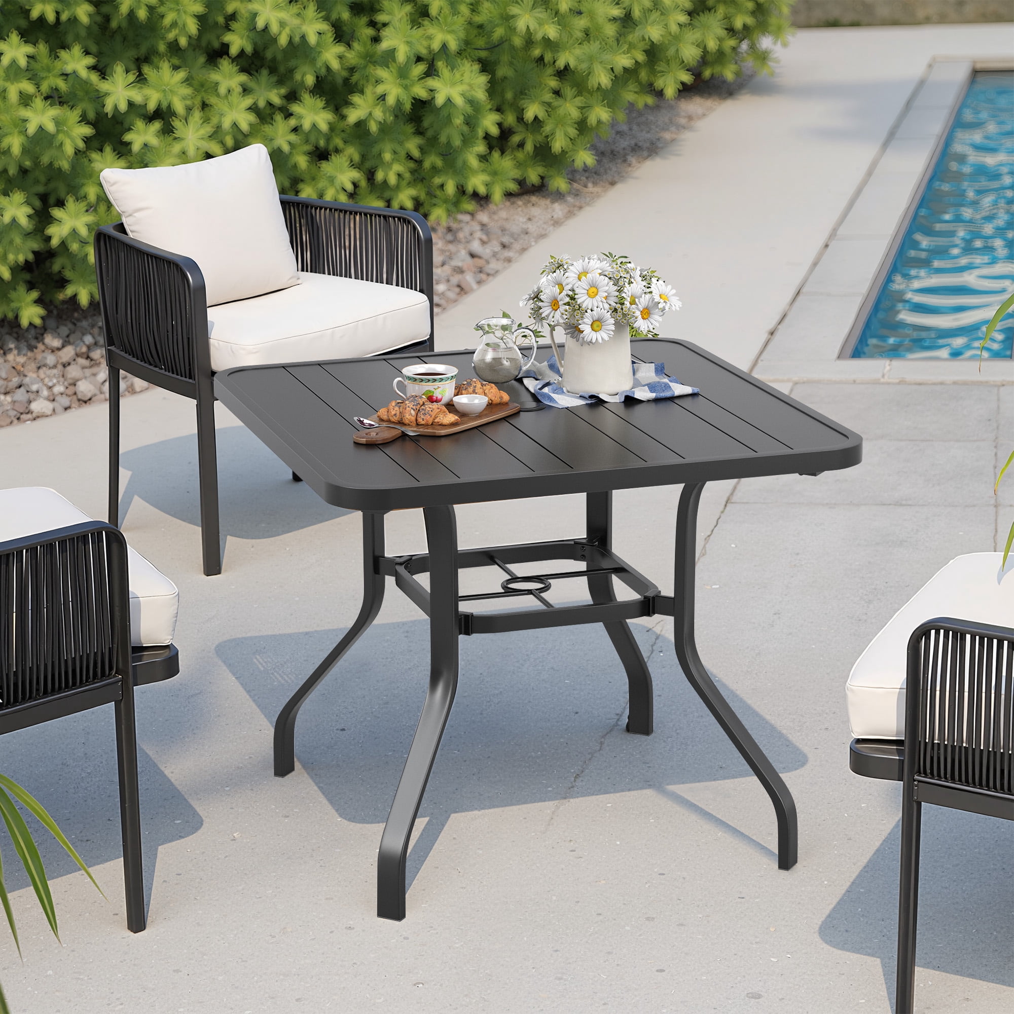 MAYEERTY 35*35"Outdoor Dining Table with 1.57" Umbrella Hole, Weather-Resistant Metal,for Patio,Backyard,Poolside
