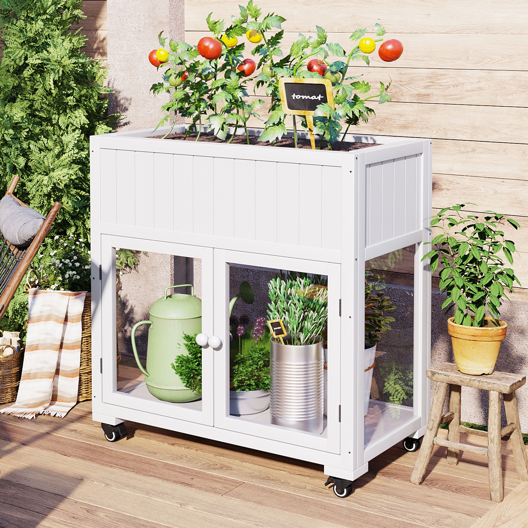 MAYEERTY 35.4" Compact Patio Cold Frame Greenhouse with Raised Bed and Wheels – Mini Wood Garden Planter with Drainage Liner for Indoor & Outdoor Use