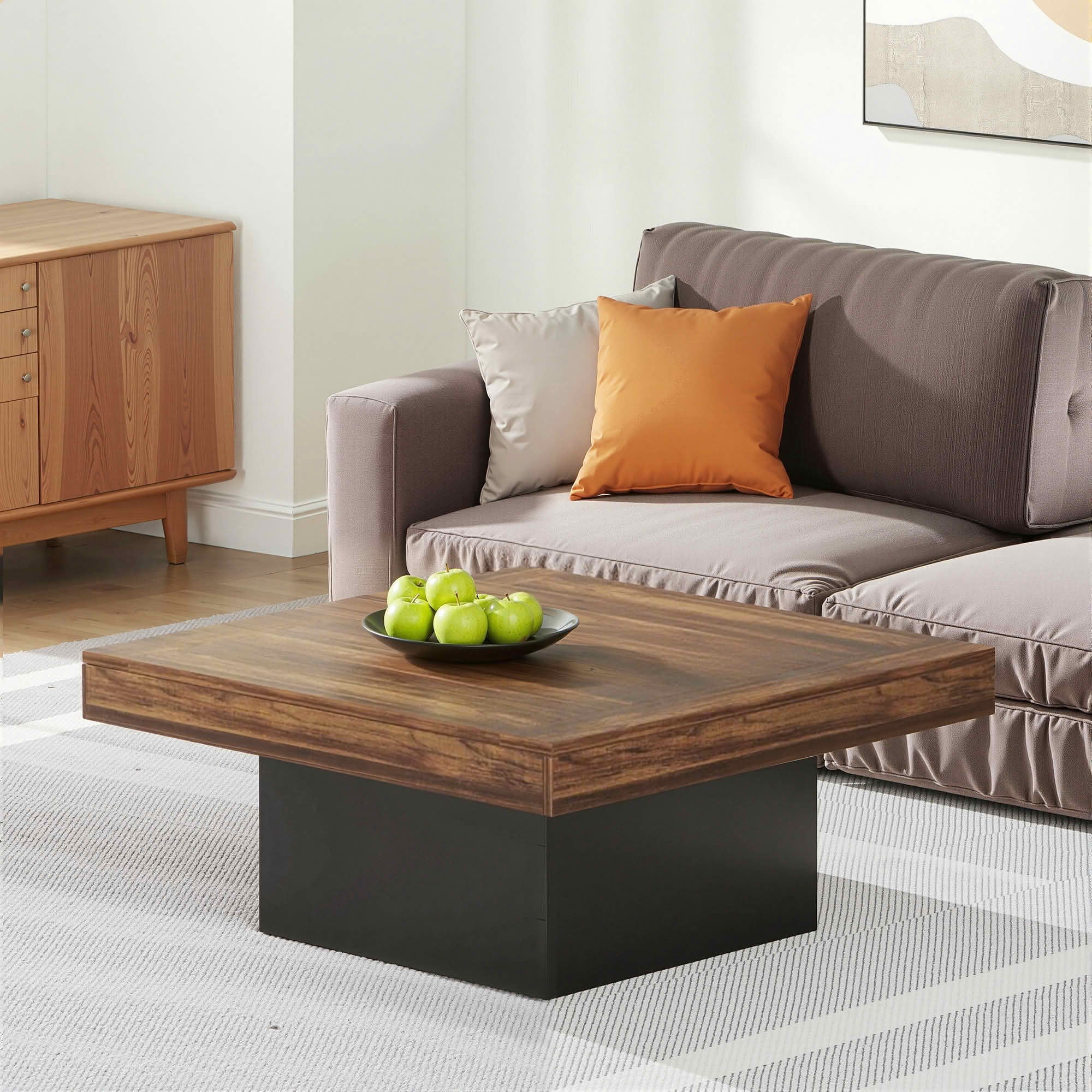 MAYEERTY 35.4" Square Farmhouse Coffee Table, Built-In Adjustable LED Light Rustic Wood-Look Engineered Wood Center Table for Living Room