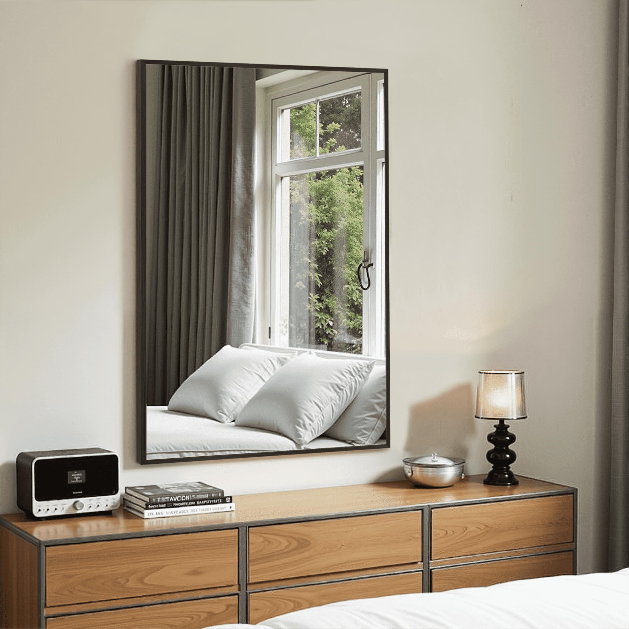 MAYEERTY 36"×24" Black Aluminum Slim-Frame Rectangular Wall Mirror Ultra-Thin, Space-Saving for Bathroom