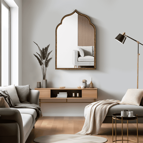 MAYEERTY 36"×24" Gold Iron Arched Wall Mirror Right Angles, Thai Bead Decoration for Living Room