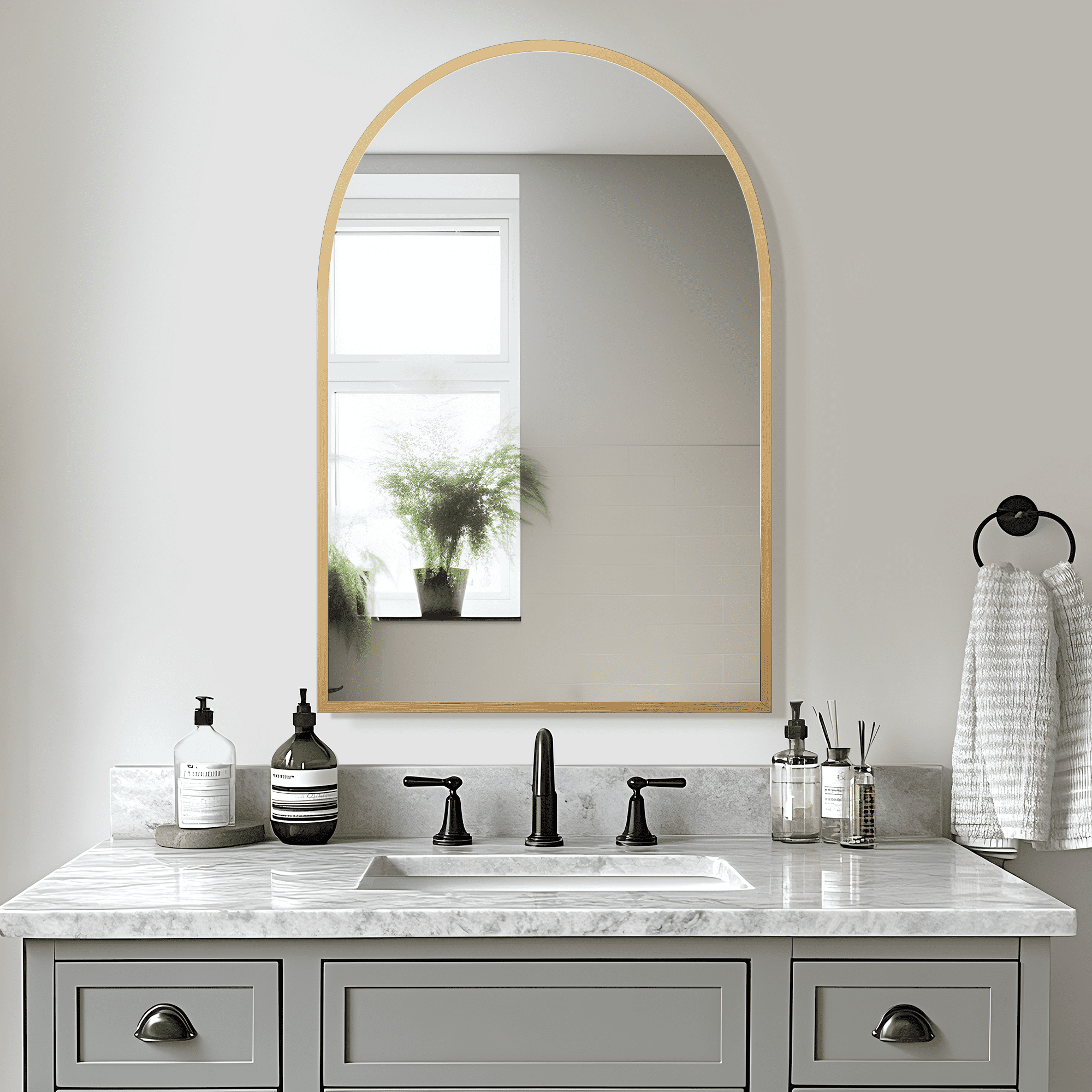 MAYEERTY 36"×24" Gold Aluminum Slim-Frame Arched Wall Mirror Lightweight, Easy Installation for Any Room