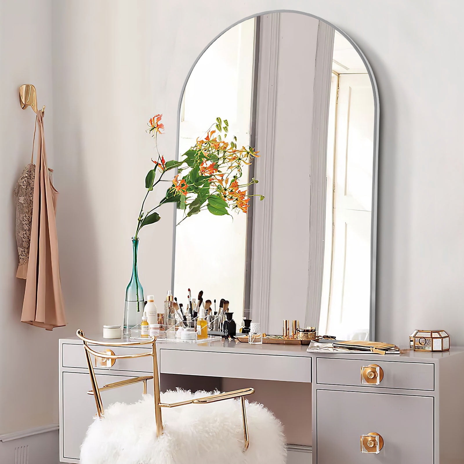 MAYEERTY 36"×24" Silver Aluminum Slim-Frame Arched Wall Mirror Modern for Contemporary Homes