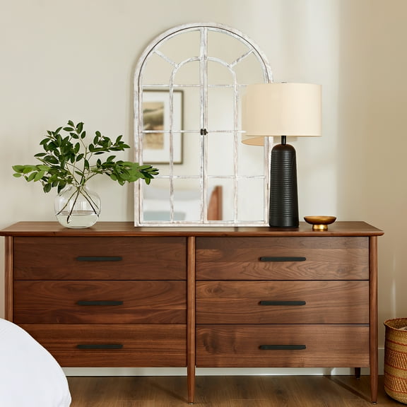 MAYEERTY 36"×24" Weathered White Solid Wood Window Mirror Right-Angle Arch, Grid, Openable for Bedroom