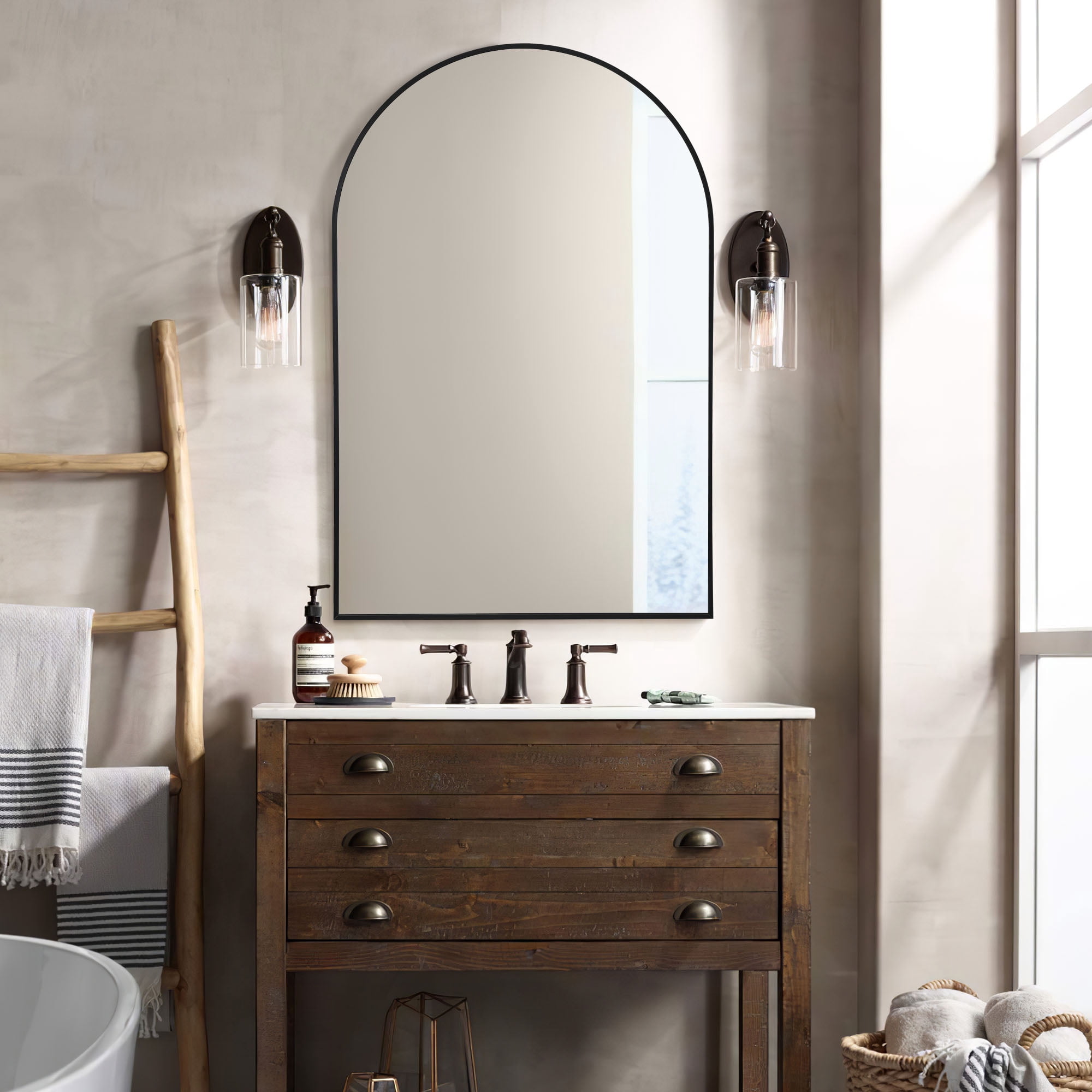 MAYEERTY 36"×24" Black Aluminum Slim-Frame Arched Wall Mirror Classic Design for Any Decor Home