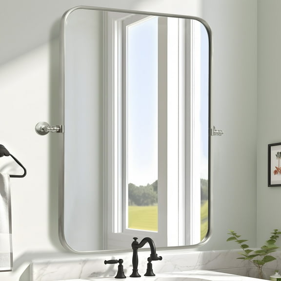 MAYEERTY 36"×24" Black Aluminum Slim-Frame Arched Wall Mirror Rounded Corners, Modern Look for Bathroom or Bedroom