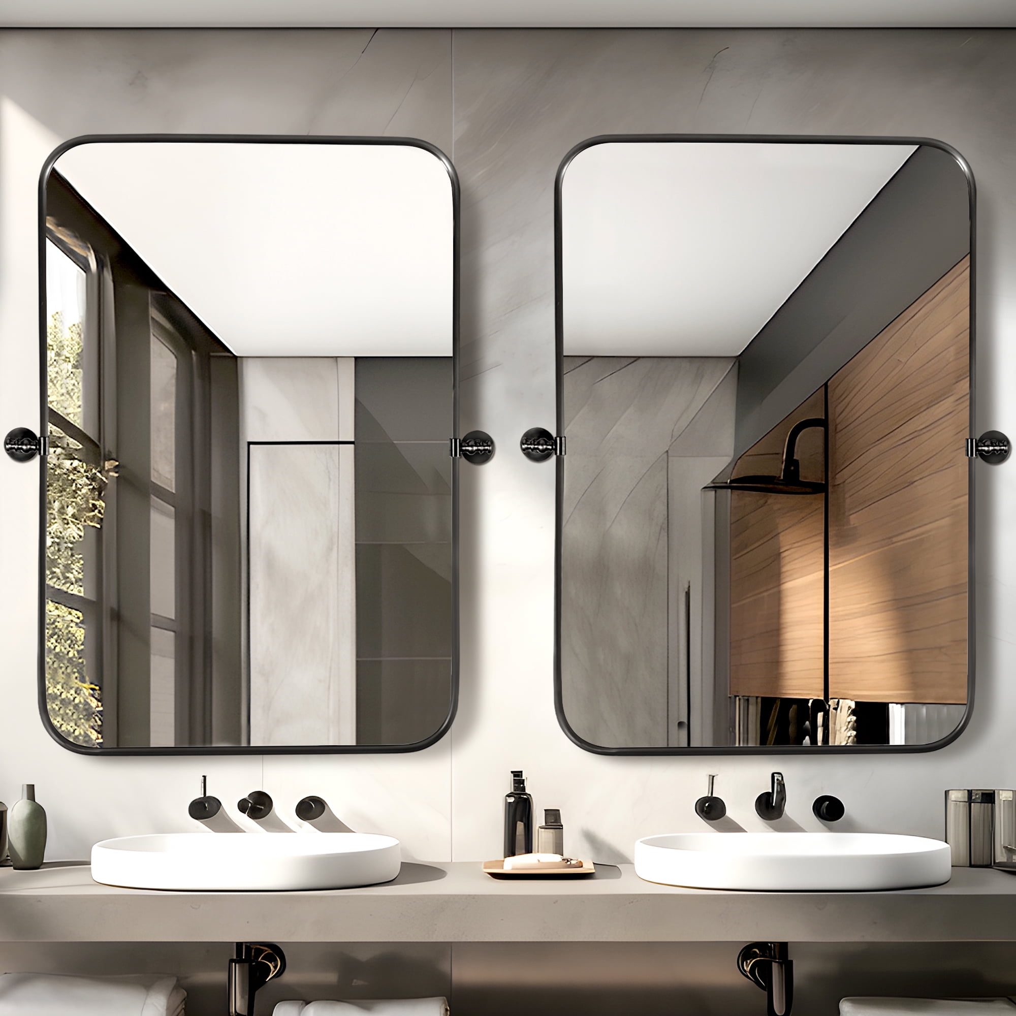 MAYEERTY 36"×24" Black Iron Rectangular Wall Mirror Rounded Corners, Hardware, Double-Sided for Bathroom or Bedroom