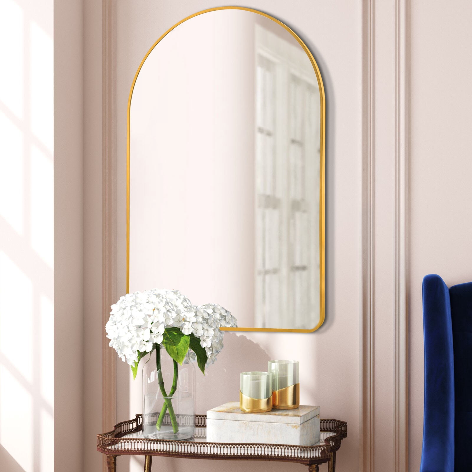 MAYEERTY 36"×24" Gold Aluminum Slim-Frame Arched Wall Mirror Rounded Corners, Modern Elegance for Home