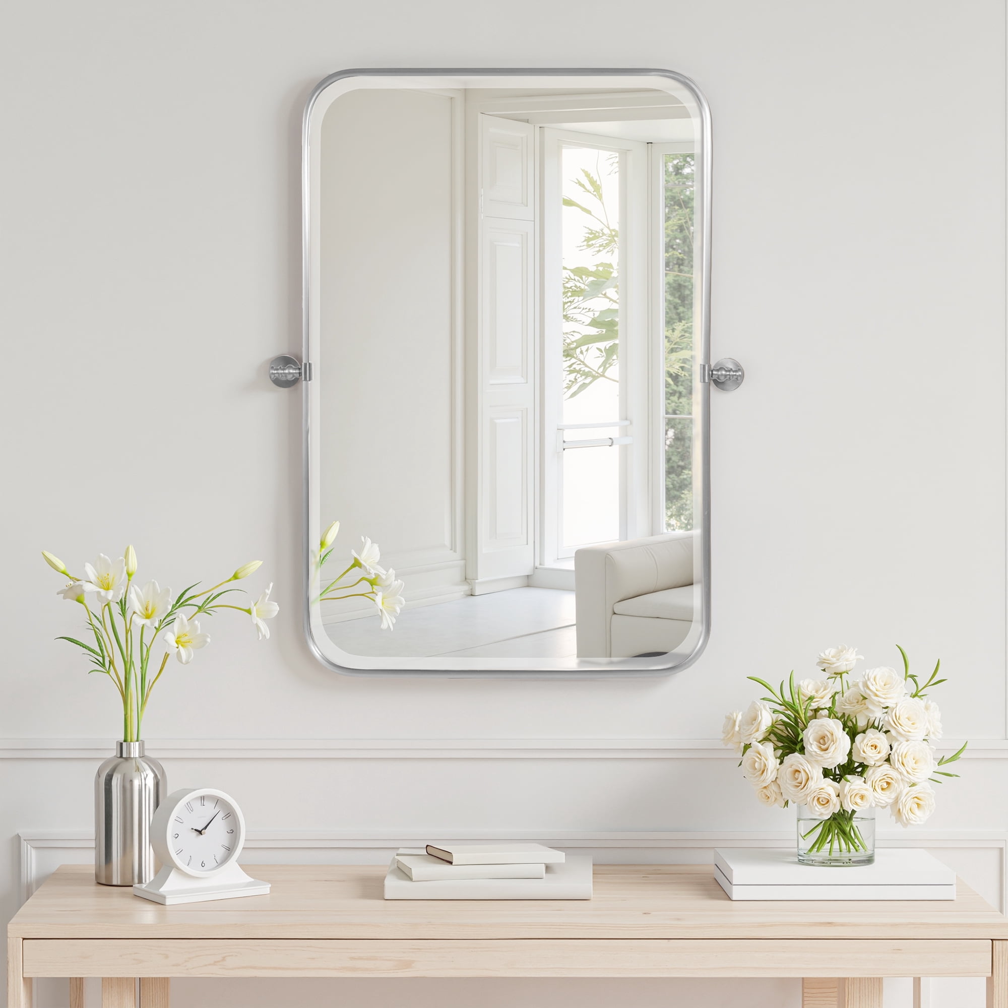 MAYEERTY 36"×24" Gold Iron Rectangular Wall Mirror Rounded Corners, Rotating Hardware for Bathroom
