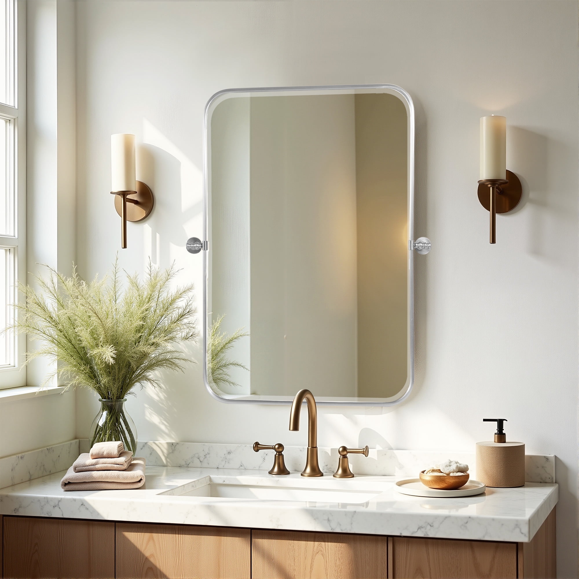 MAYEERTY 36"×24" Silver Iron Rectangular Wall Mirror Rounded Corners, Hardware, Double-Sided for Bathroom