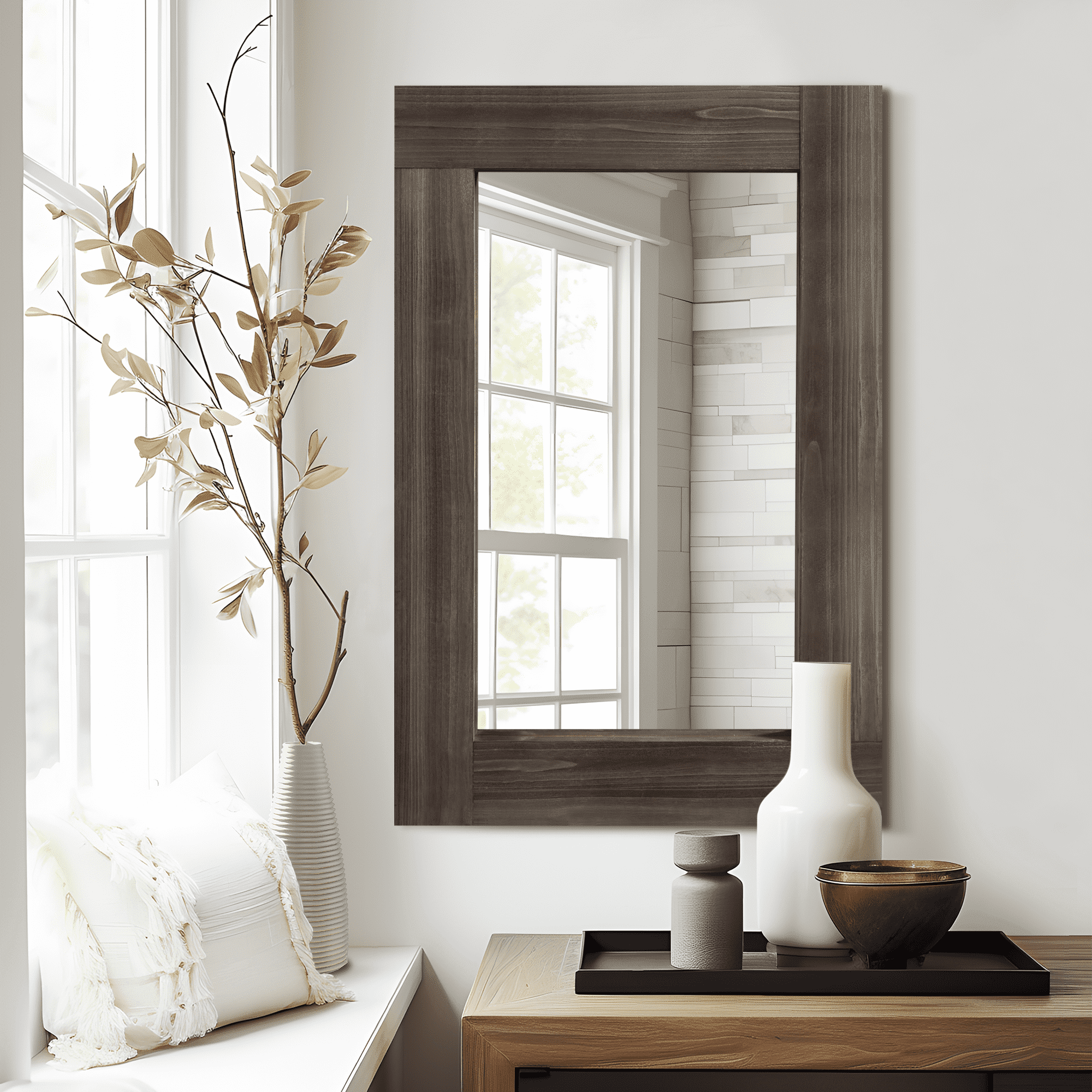 MAYEERTY 36"×24" Vintage Brown Solid Wood Wide-Frame Hollow Mirror Double-Sided for Living Room