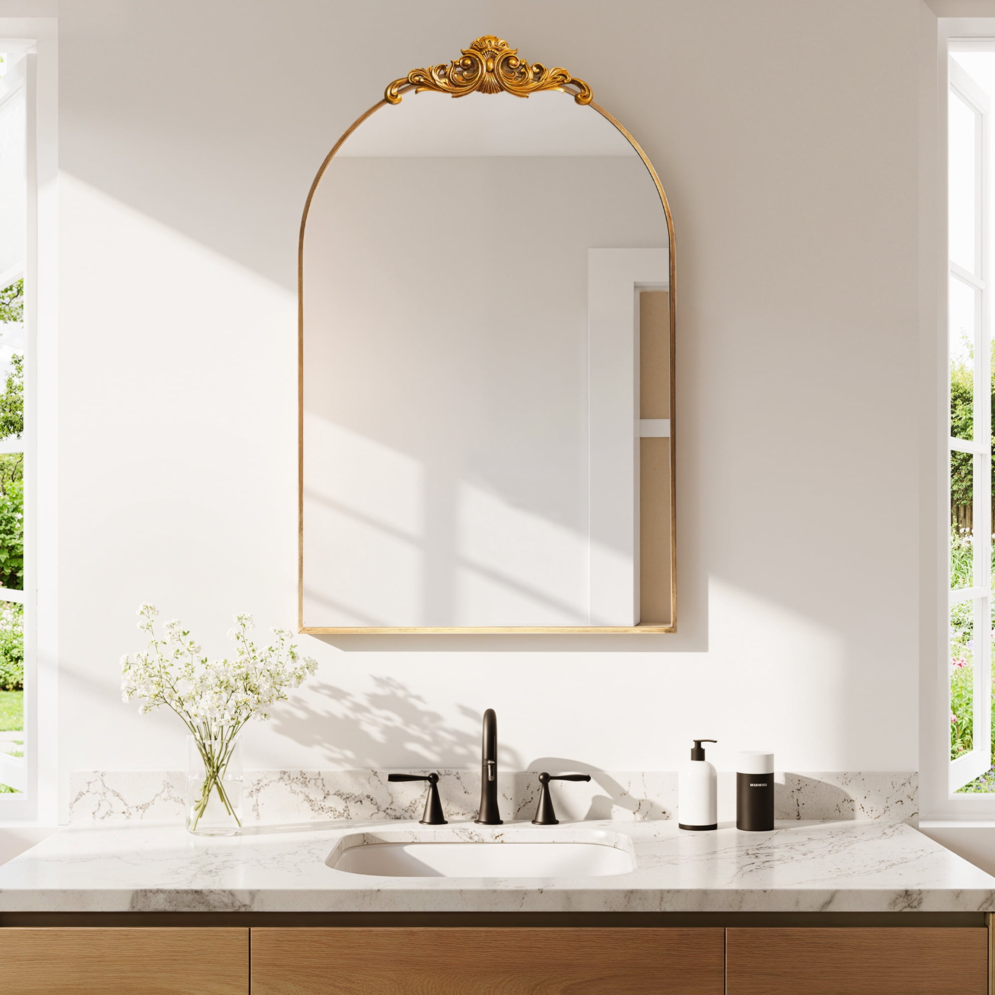 MAYEERTY 36"×24" Gold Iron Carved Arched Mirror Cabinet Rounded Corners, Bathroom Storage for Bathroom