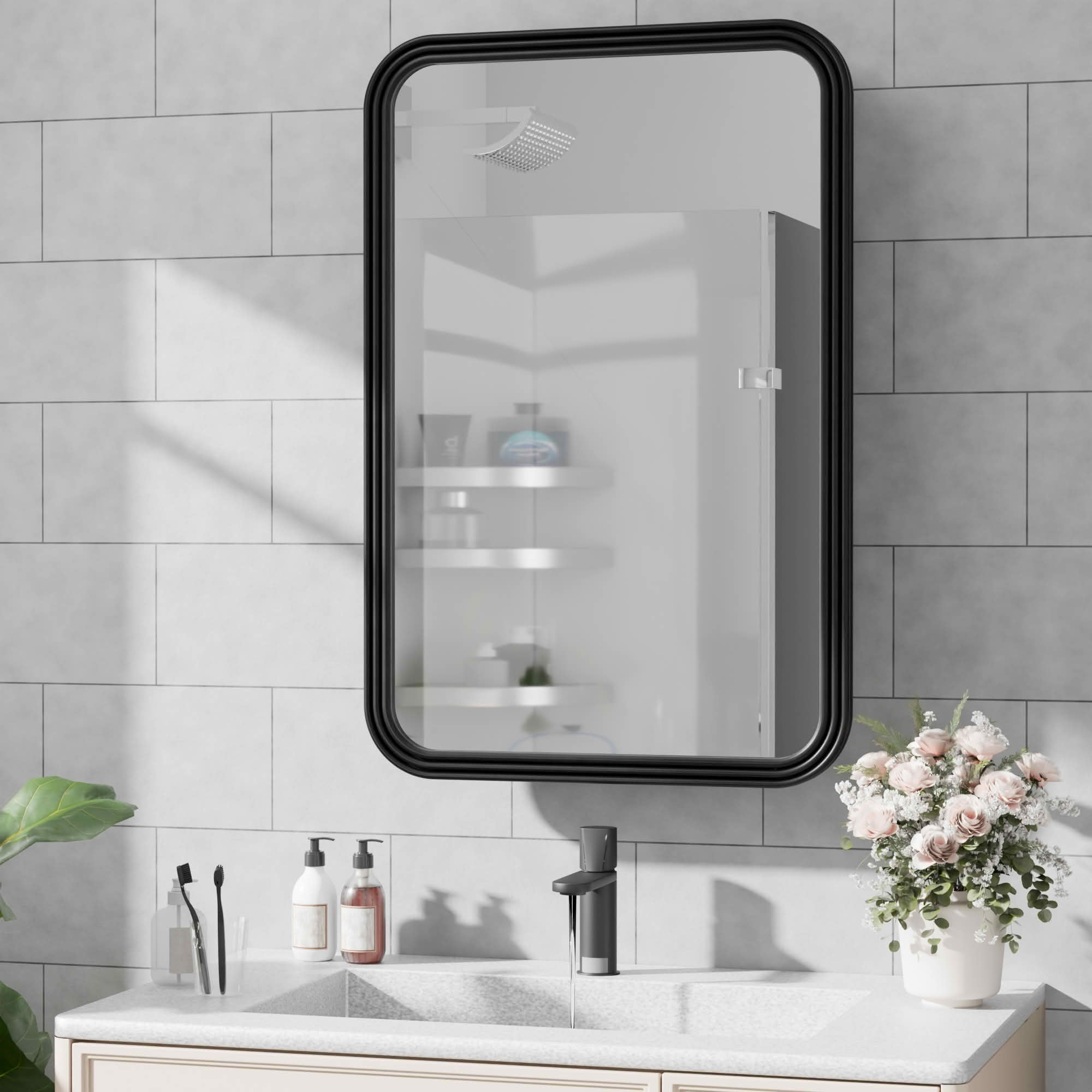 MAYEERTY 35x24x5 Inch Black Metal 3-Ring Round Corner Rectangular Medicine Cabinet for Bathroom