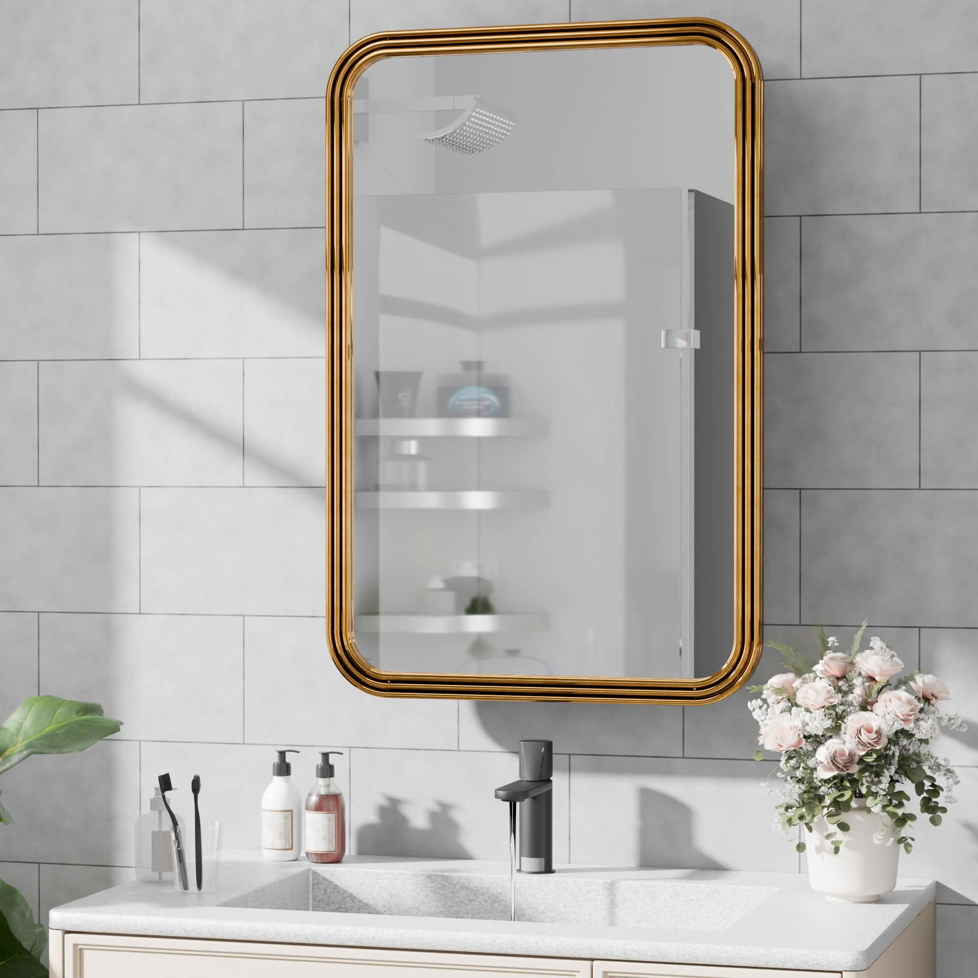 MAYEERTY 35x24x5 Inch Gold Metal 3-Ring Round Corner Rectangular Medicine Cabinet for Bathroom
