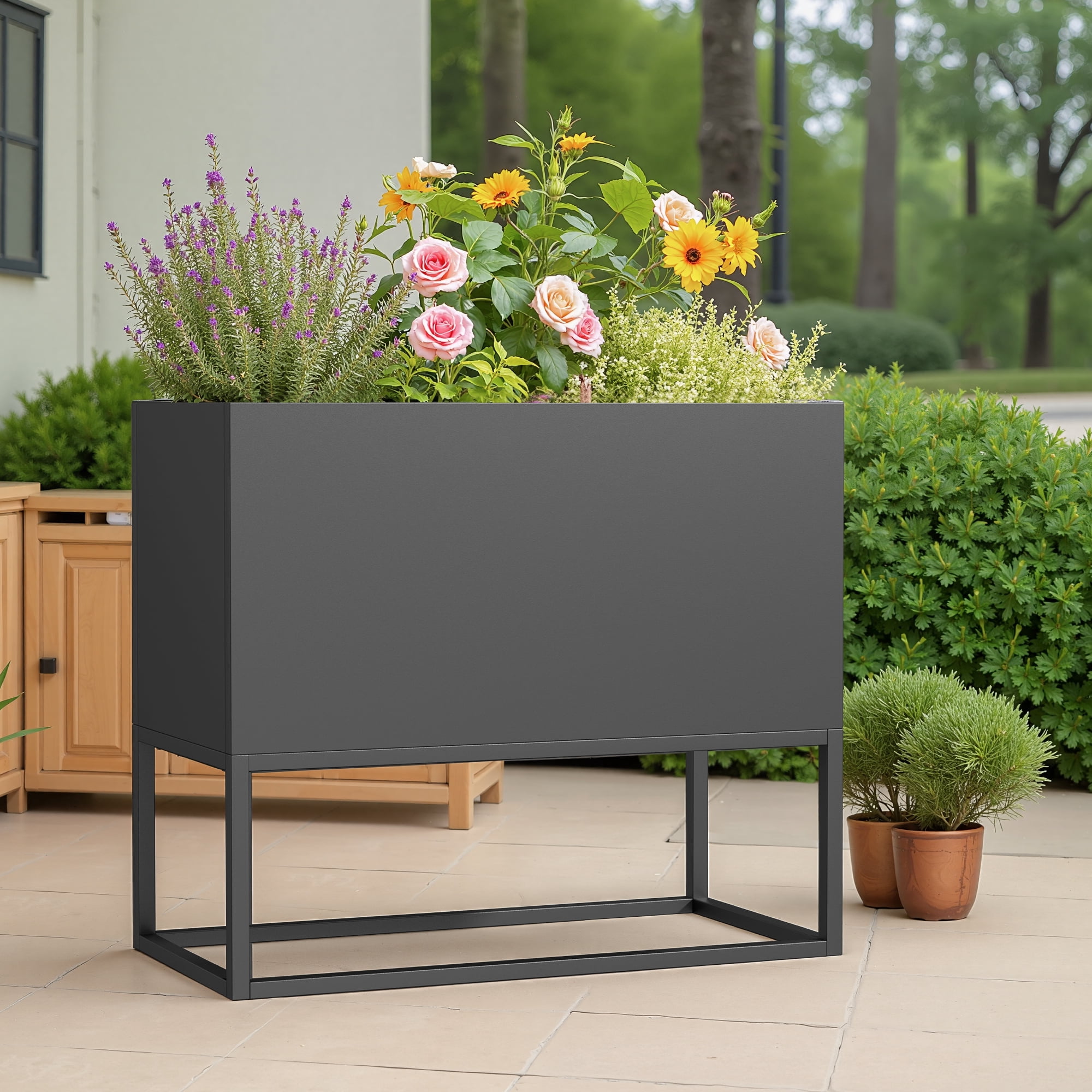 MAYEERTY 36*18*18" Black Modern Rect Metal Planter Box with Stand for Outdoor Gardening, Patio & Balcony