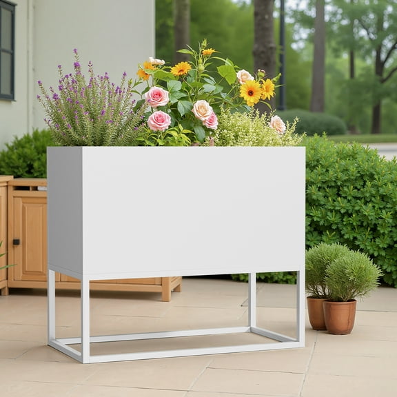 MAYEERTY 36*18"Large Metal Planter with Shelves&Drainage Holes for Tall Plants&High-Traffic Areas,White