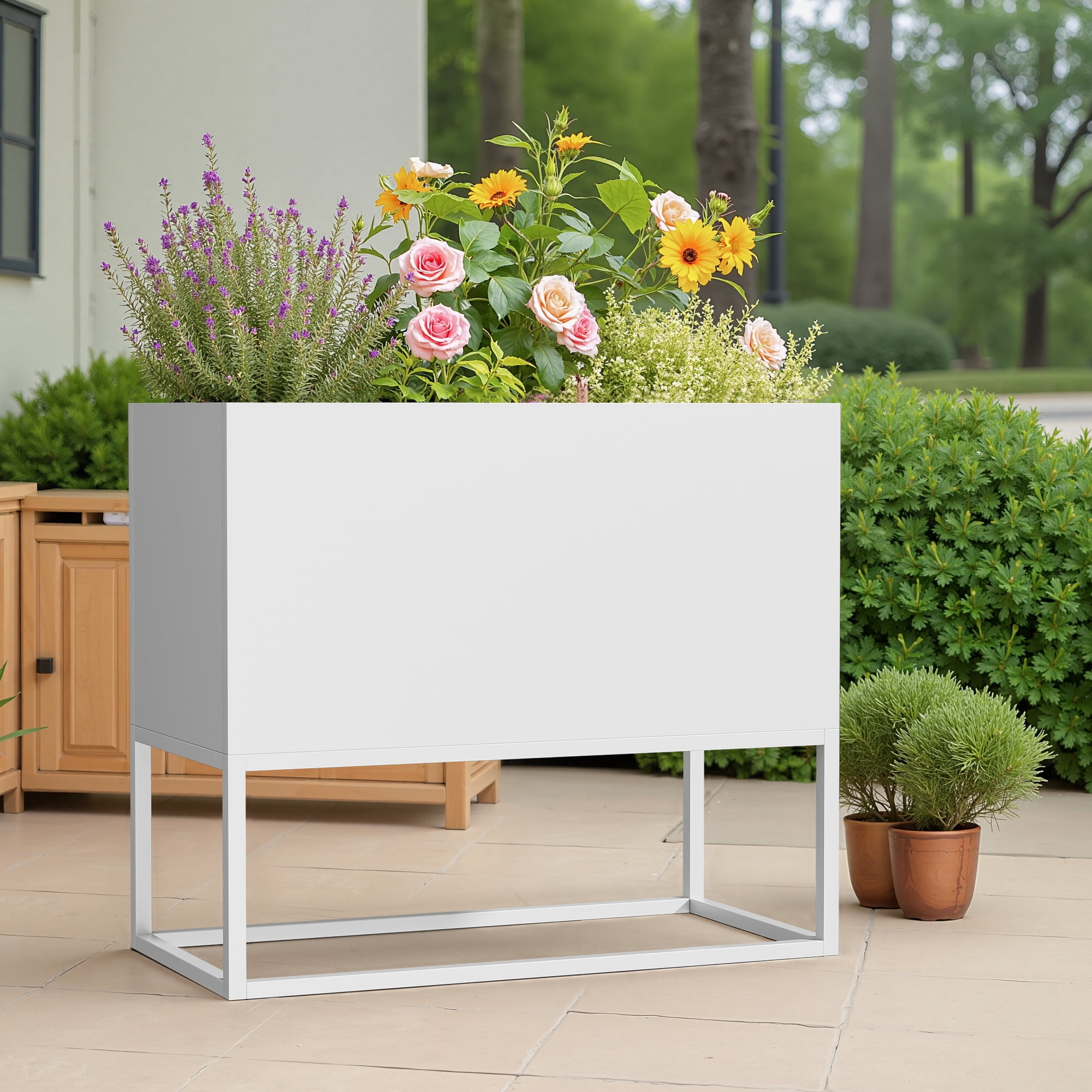 MAYEERTY 36*18"Large Metal Planter with Shelves & Drainage Holes for Tall Plants & High-Traffic Areas, White